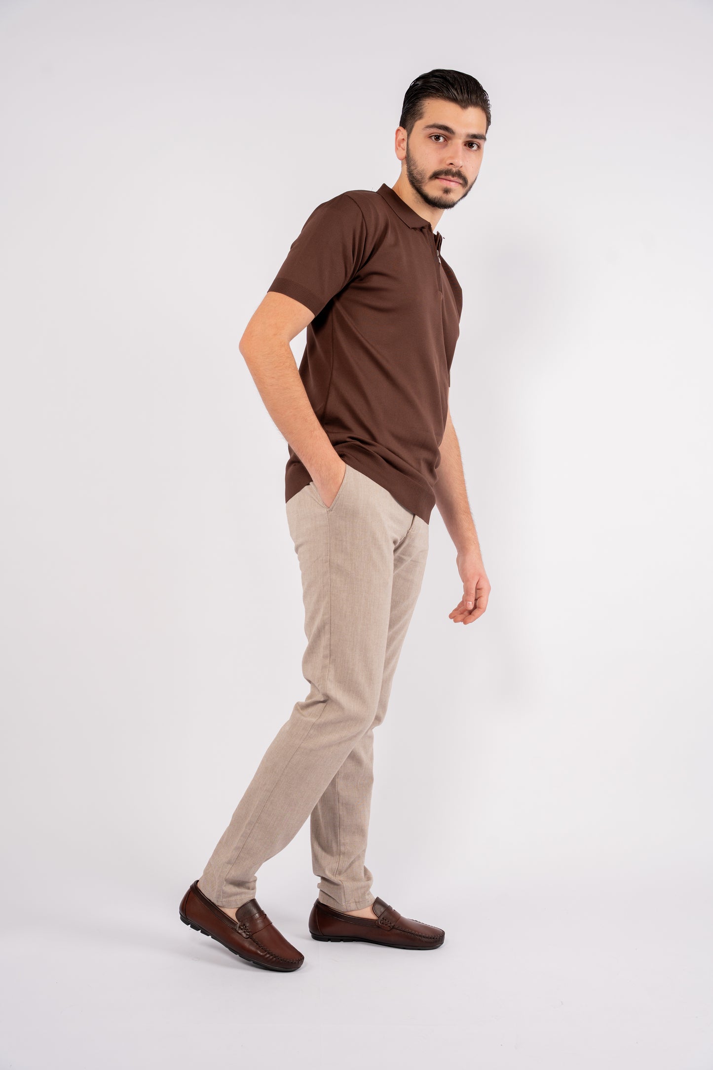 BROWN MERCERIZED ZIPPER POLO