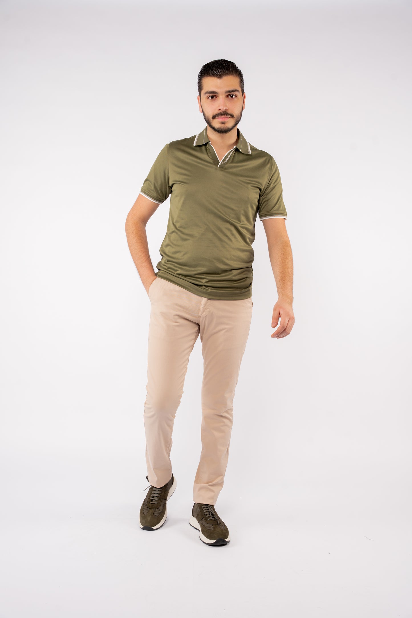 OLIVE MIXED VNECK POLO