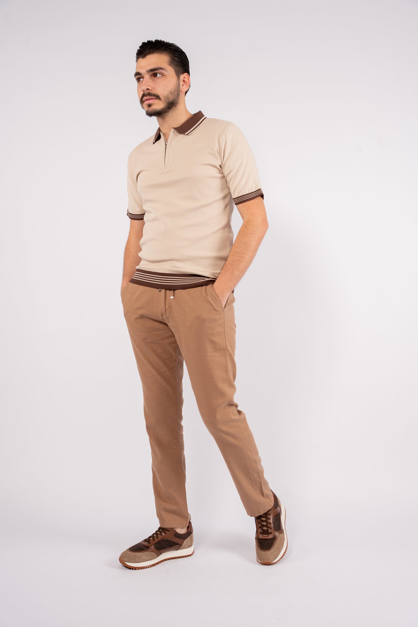 BEIGE MIXED ZIPPER TRICOT POLO