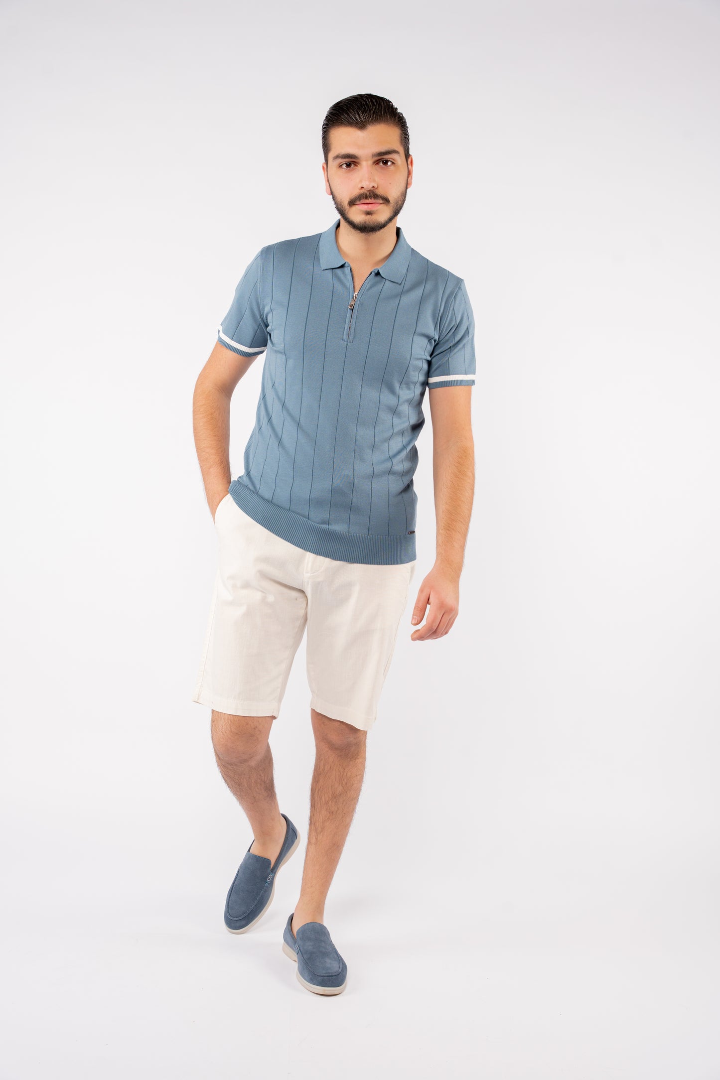 LINED BLUE ZIPPER POLO