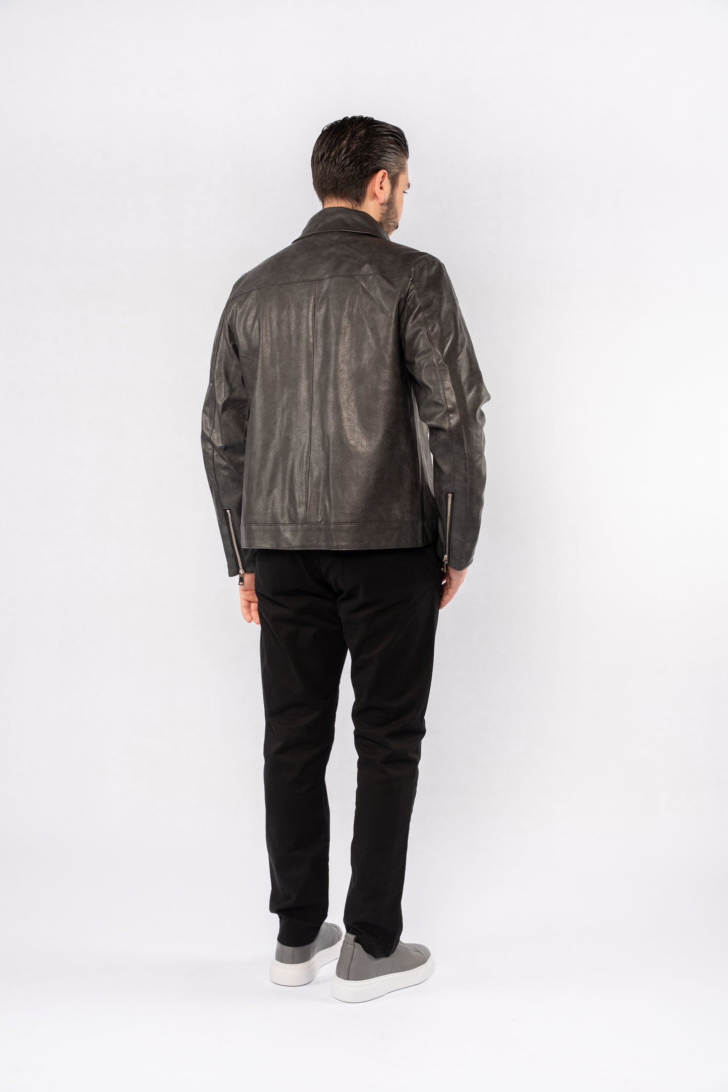 GREY TRUCKER LEATHER JACKET