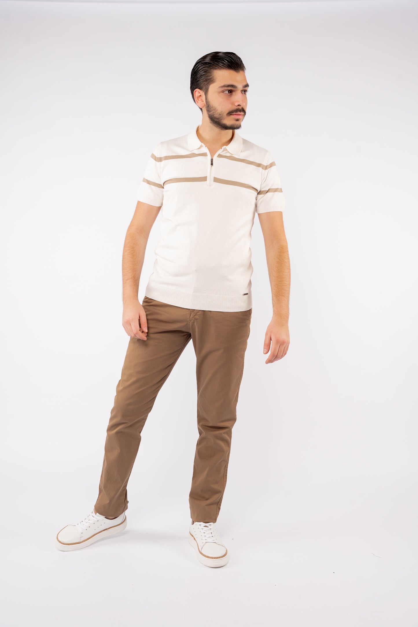WHITE BEIGE LINES ZIPPER POLO