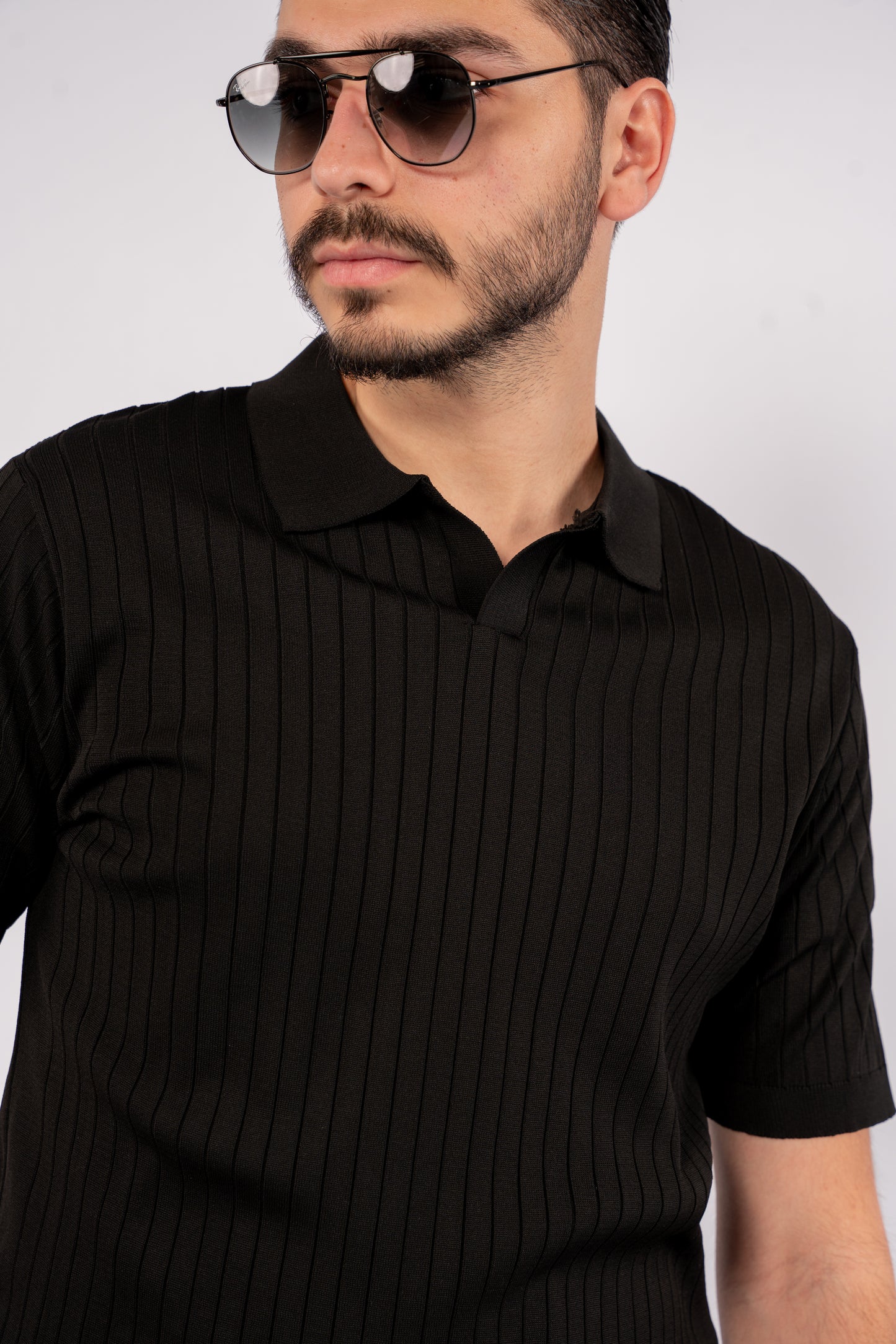 BLACK VNECK LINED POLO