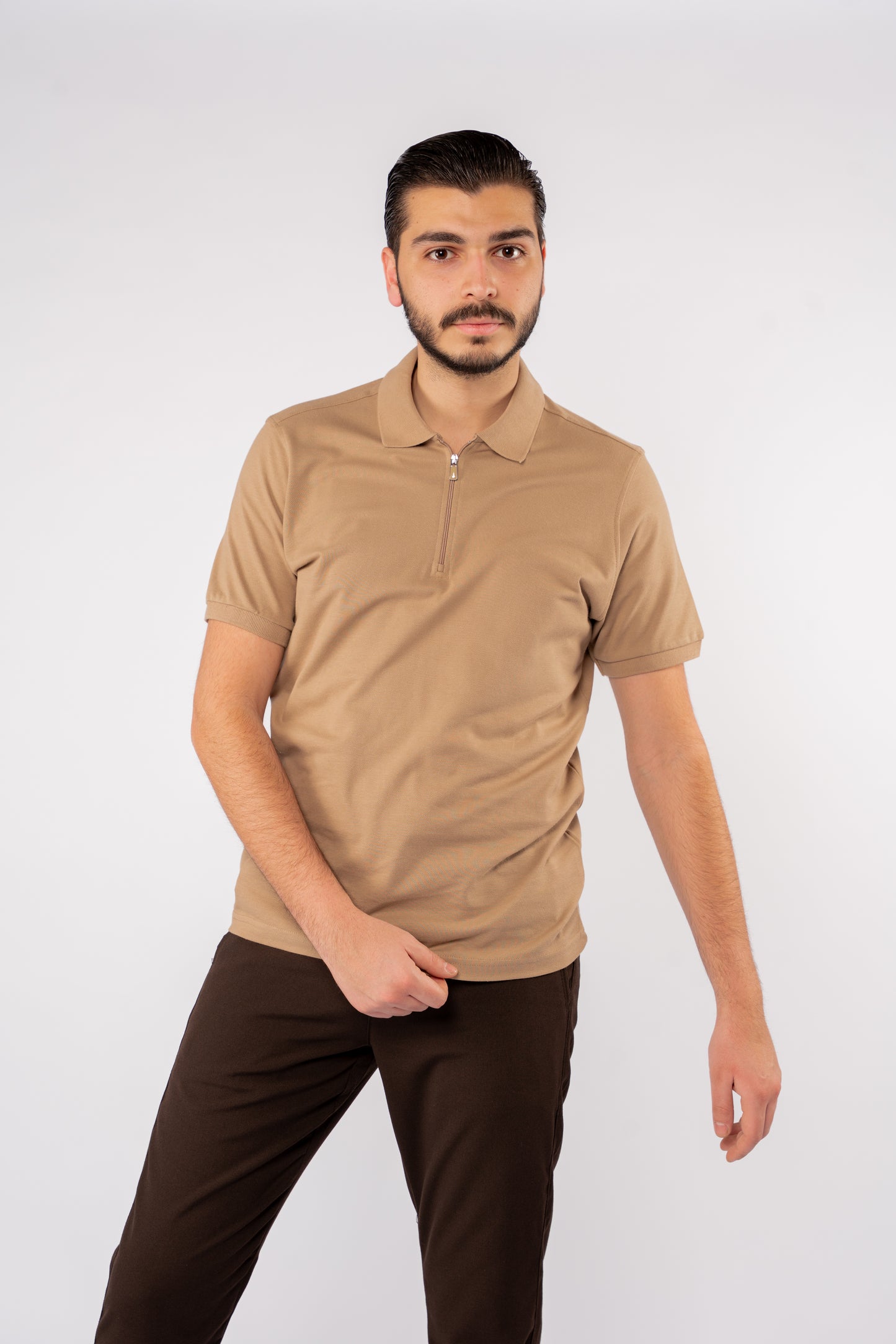 BEIGE PIQUET ZIPPER POLO