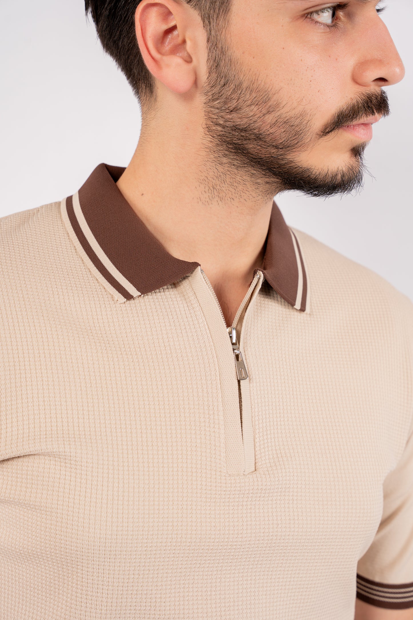 BEIGE MIXED ZIPPER TRICOT POLO
