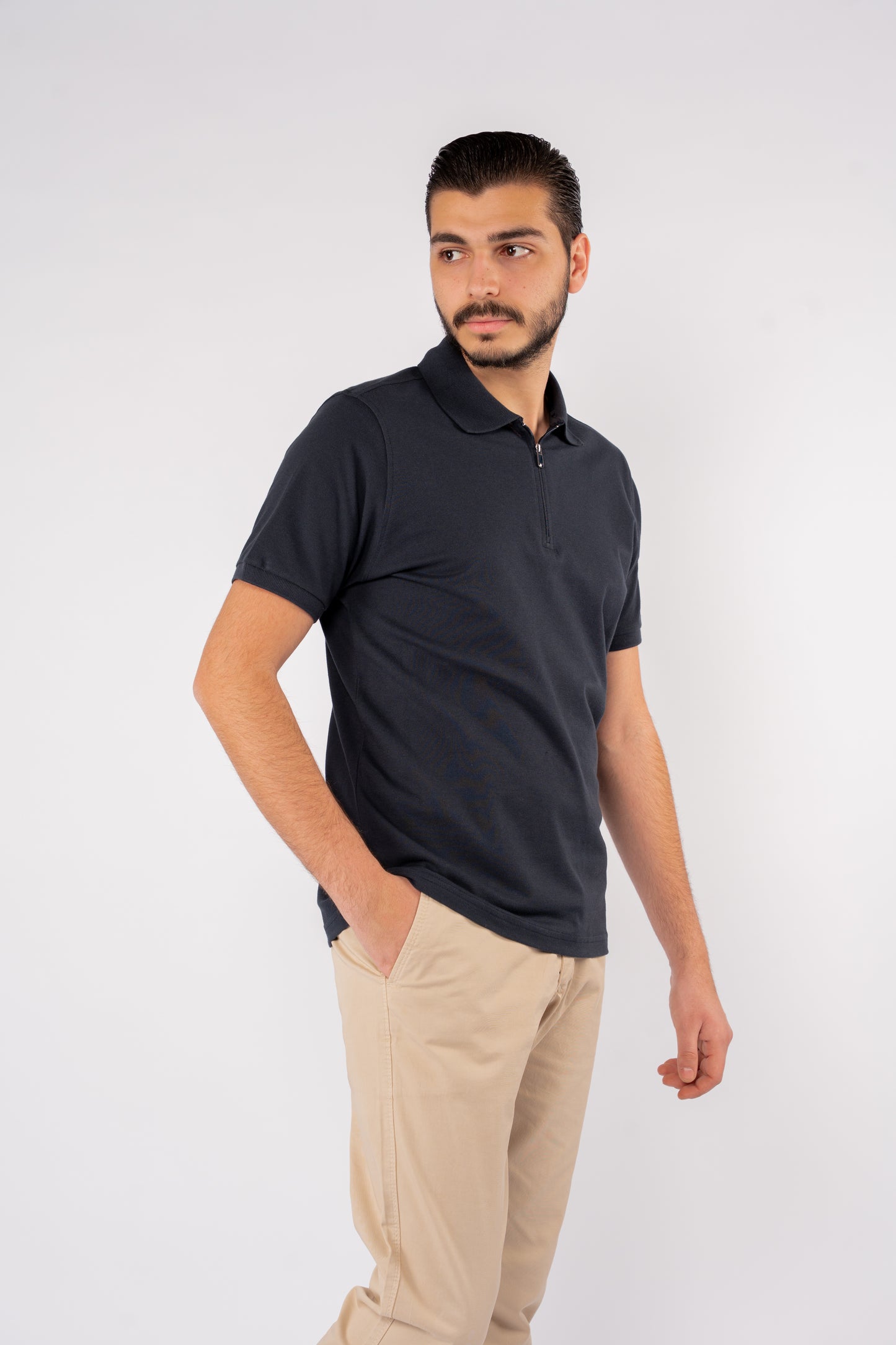 NAVY PIQUET ZIPPER POLO