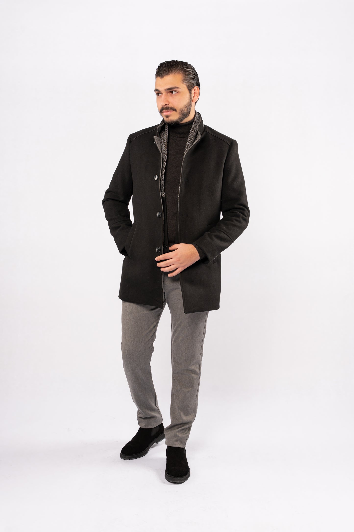 BLACK SEMI CASUAL WOOL COAT