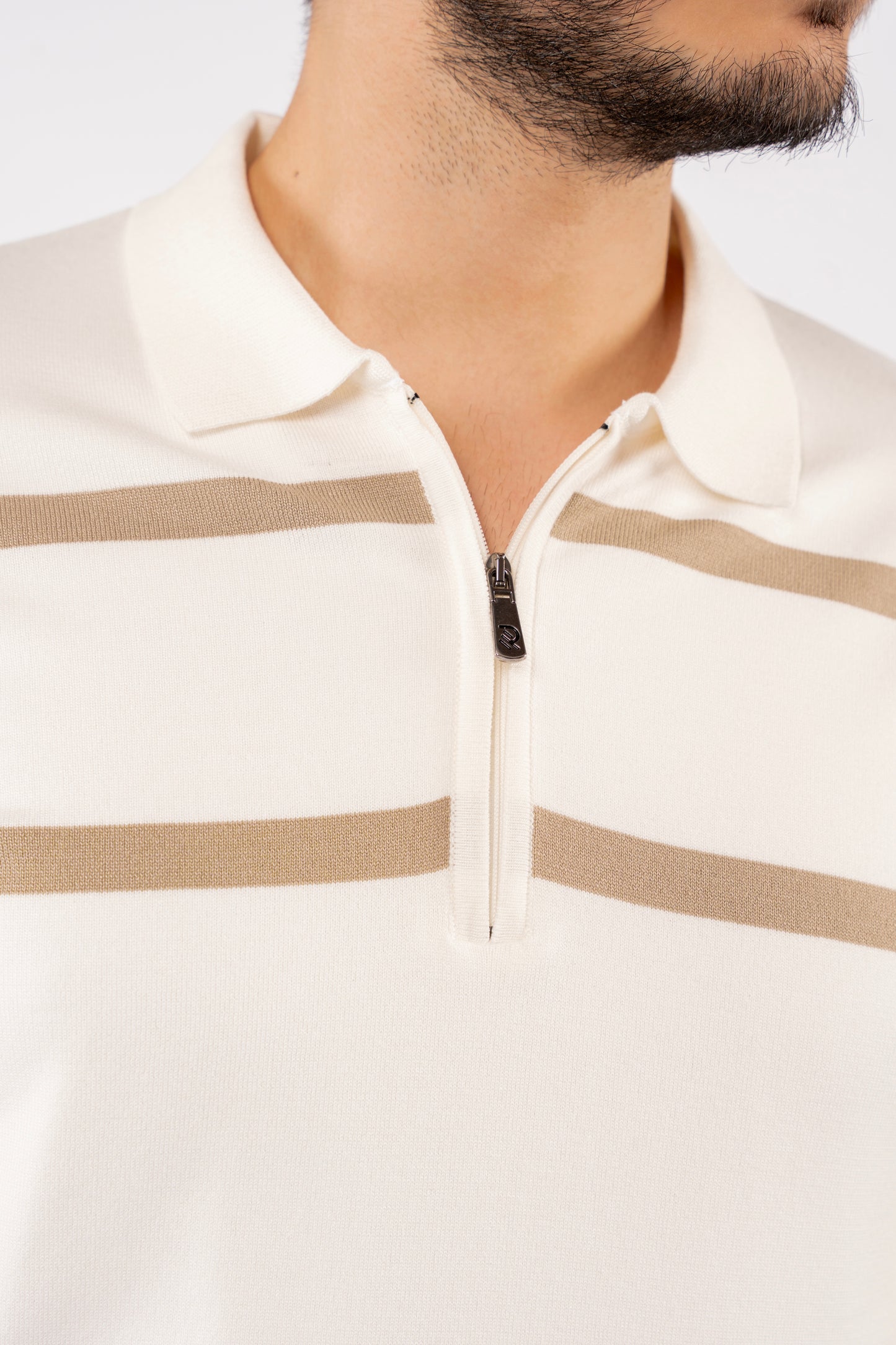 WHITE BEIGE LINES ZIPPER POLO