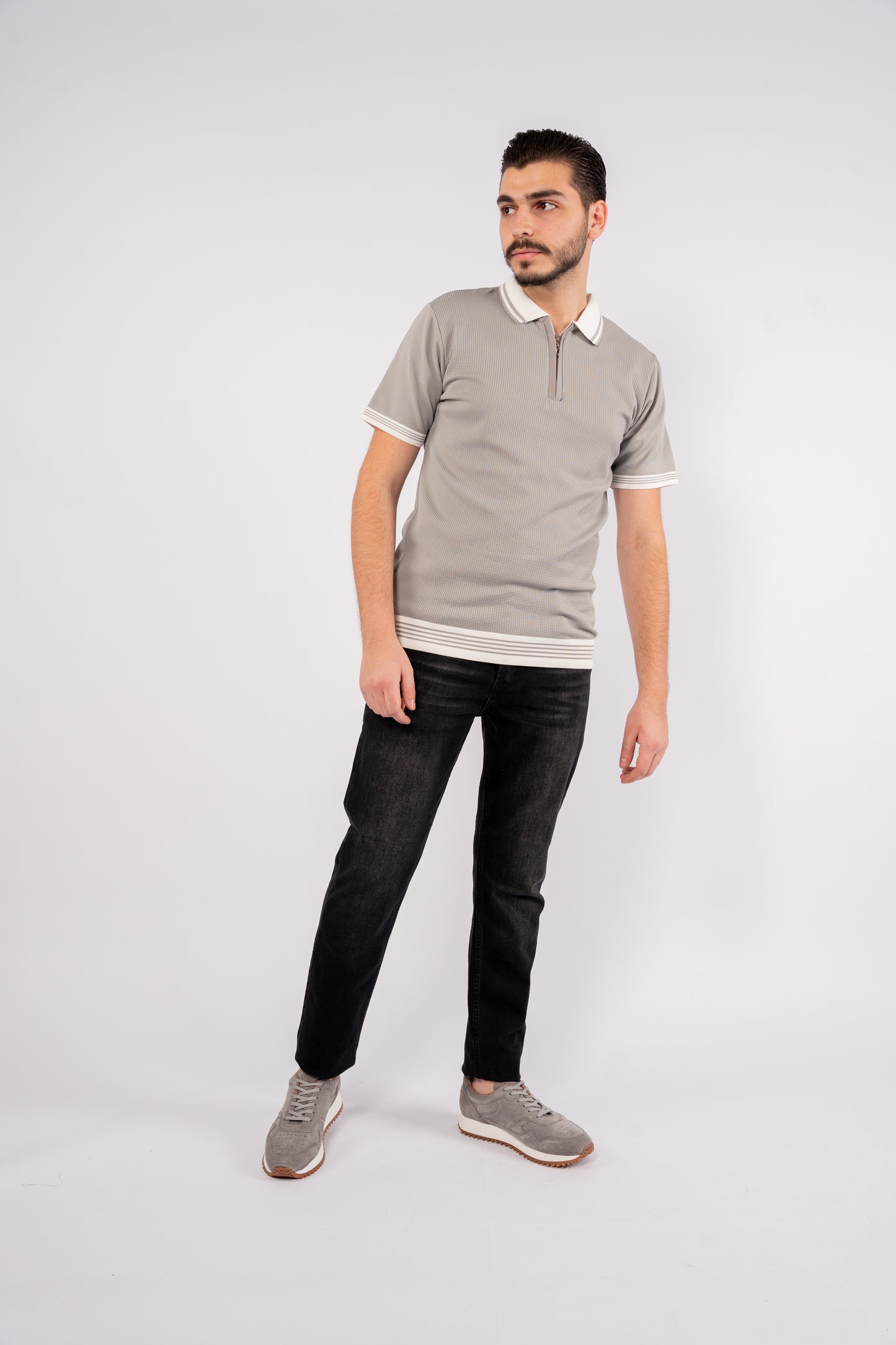 GREY MIXED ZIPPER TRICOT POLO