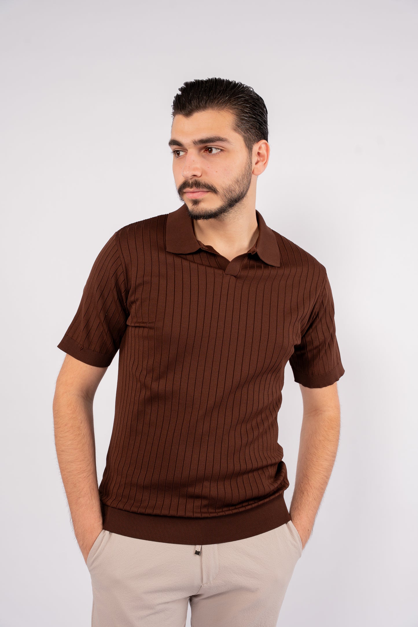 BROWN VNECK LINED POLO