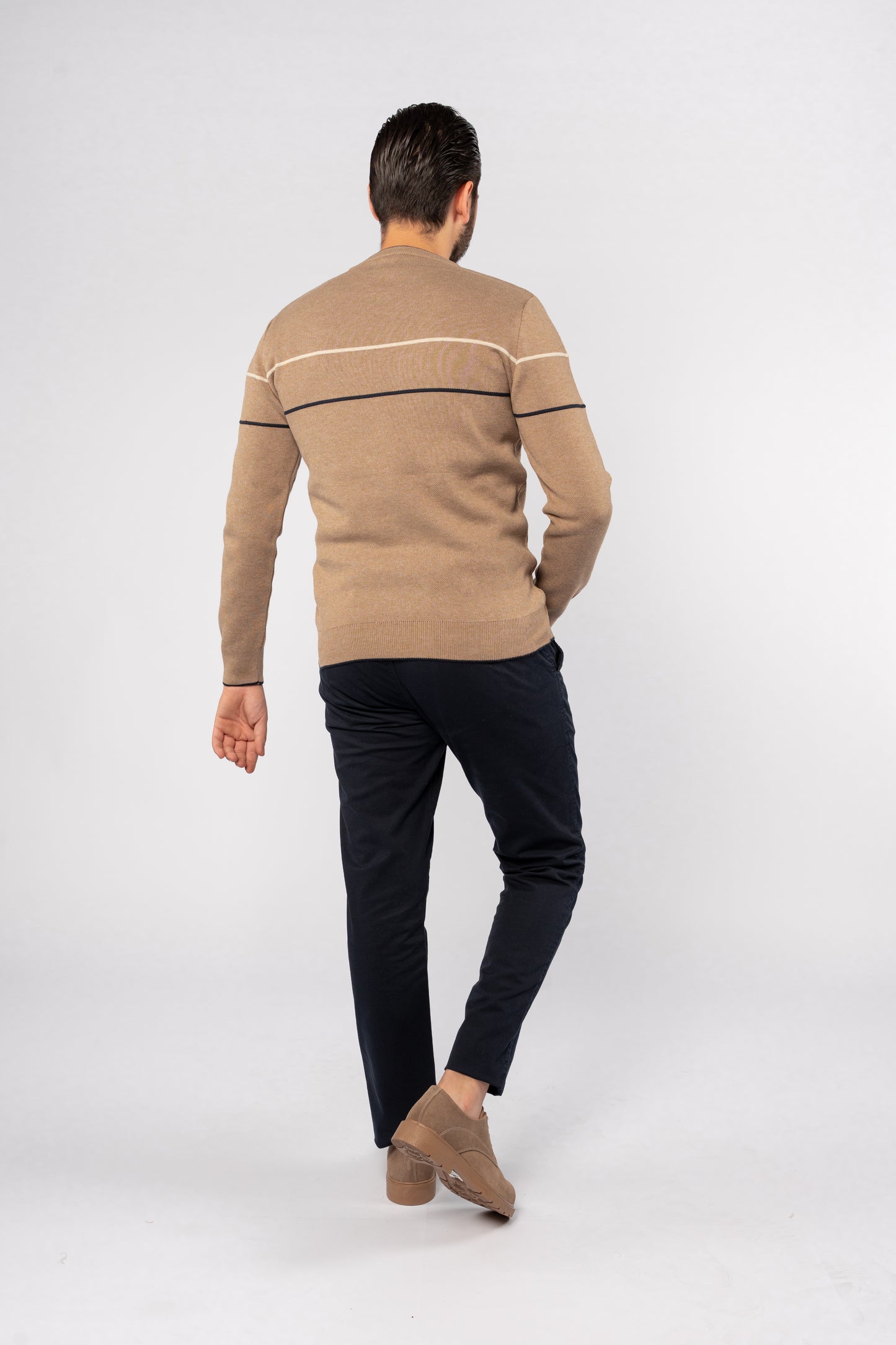 DARK BEIGE NAVY LINE SWEATER