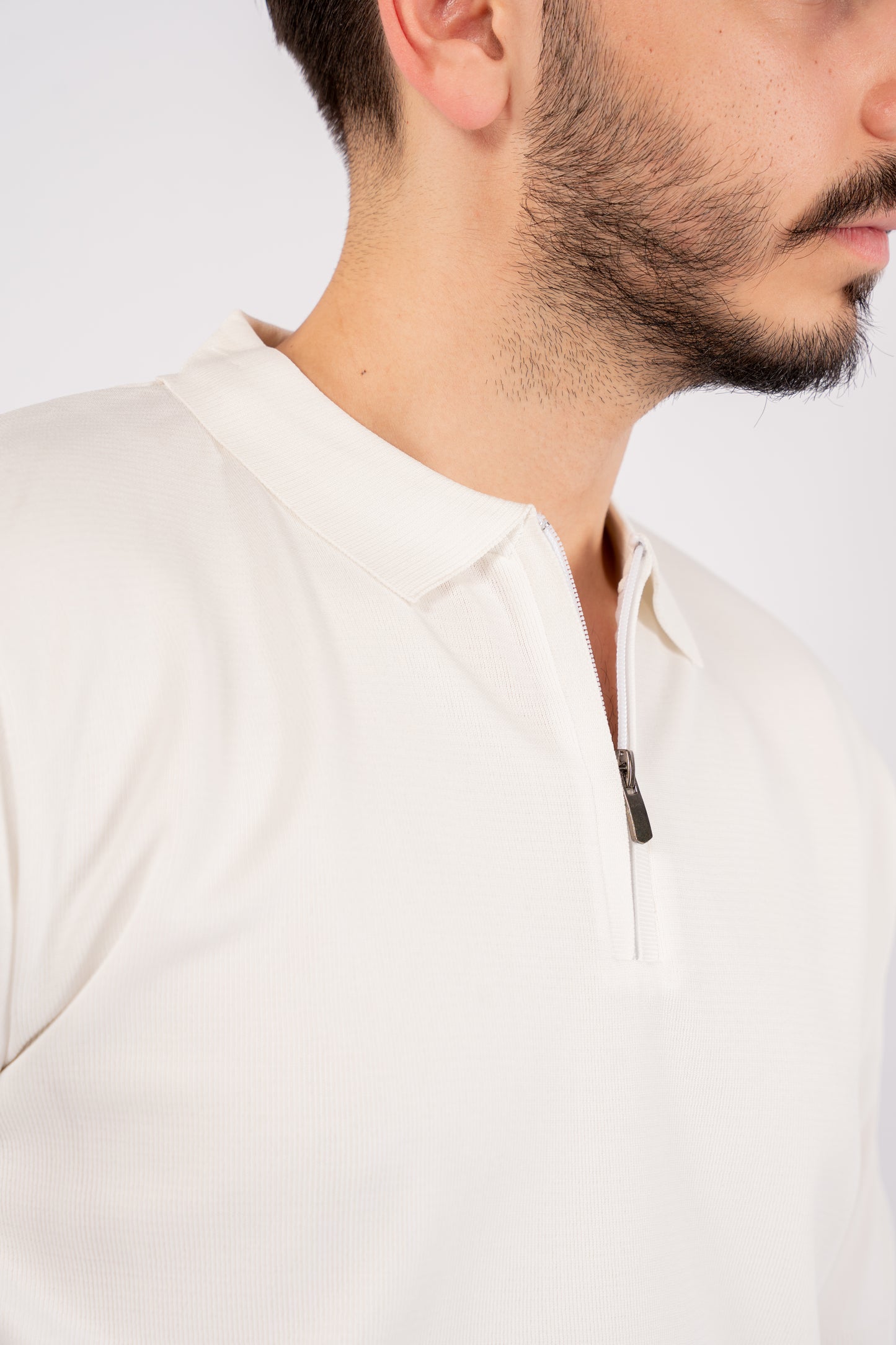 WHITE MERCERIZED ZIPPER POLO
