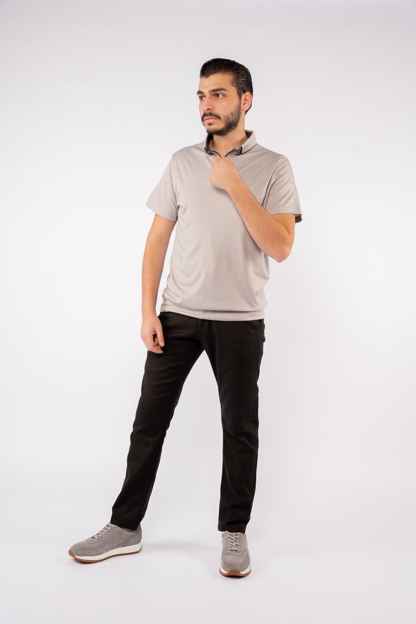 GREY ZIPPER BUTTON COLLAR POLO