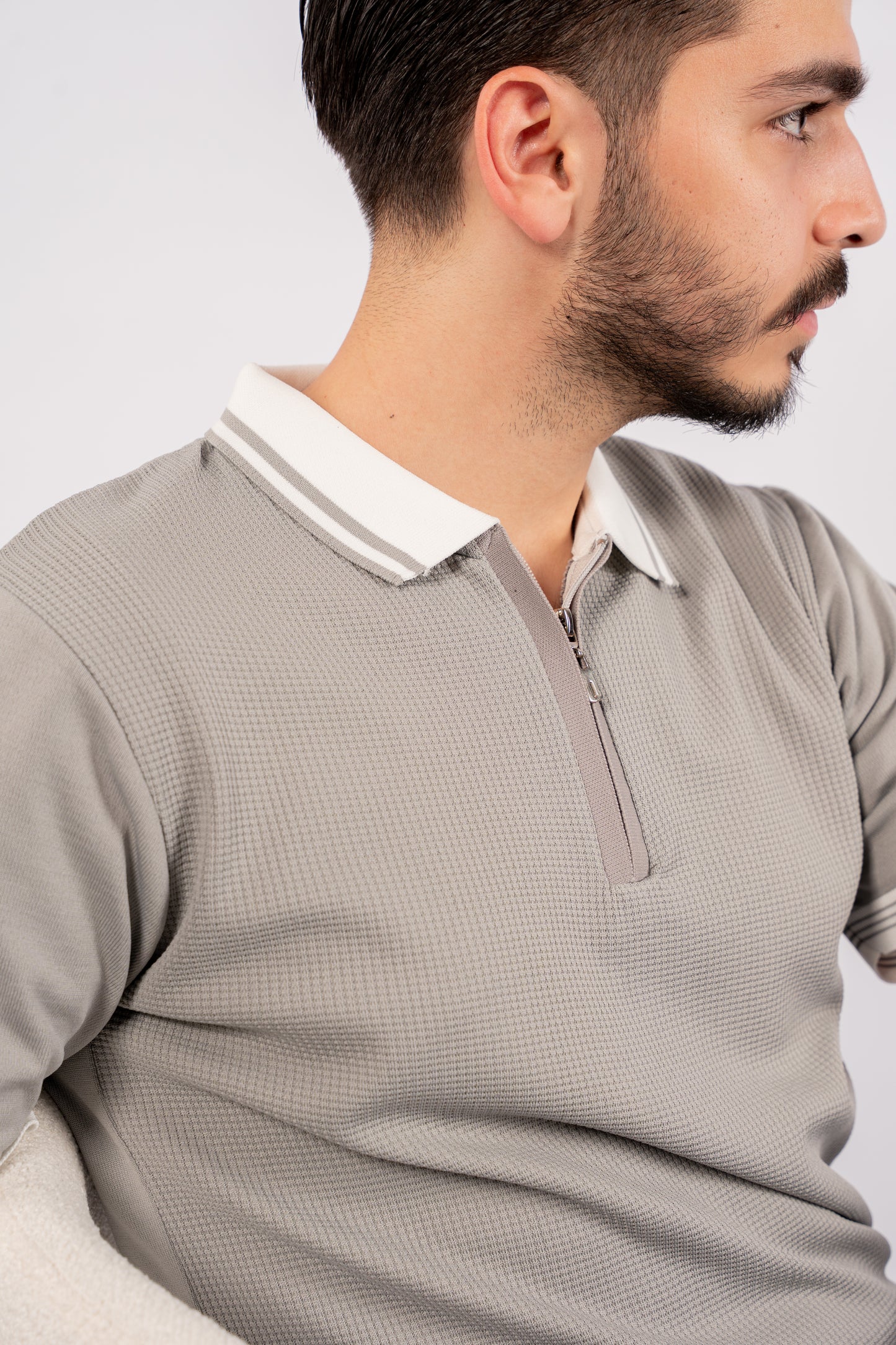 GREY MIXED ZIPPER TRICOT POLO