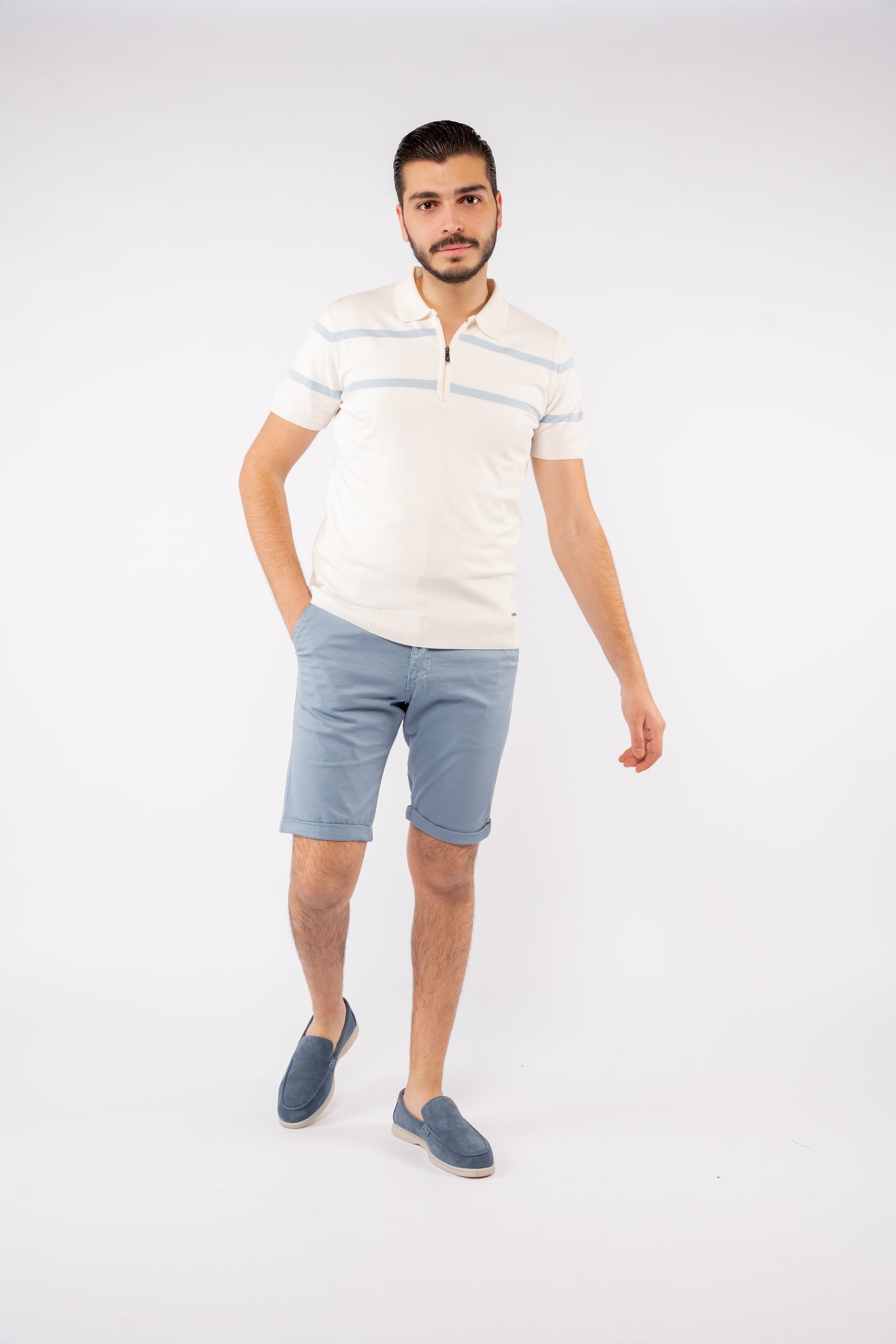 WHITE BLUE LINES ZIPPER POLO