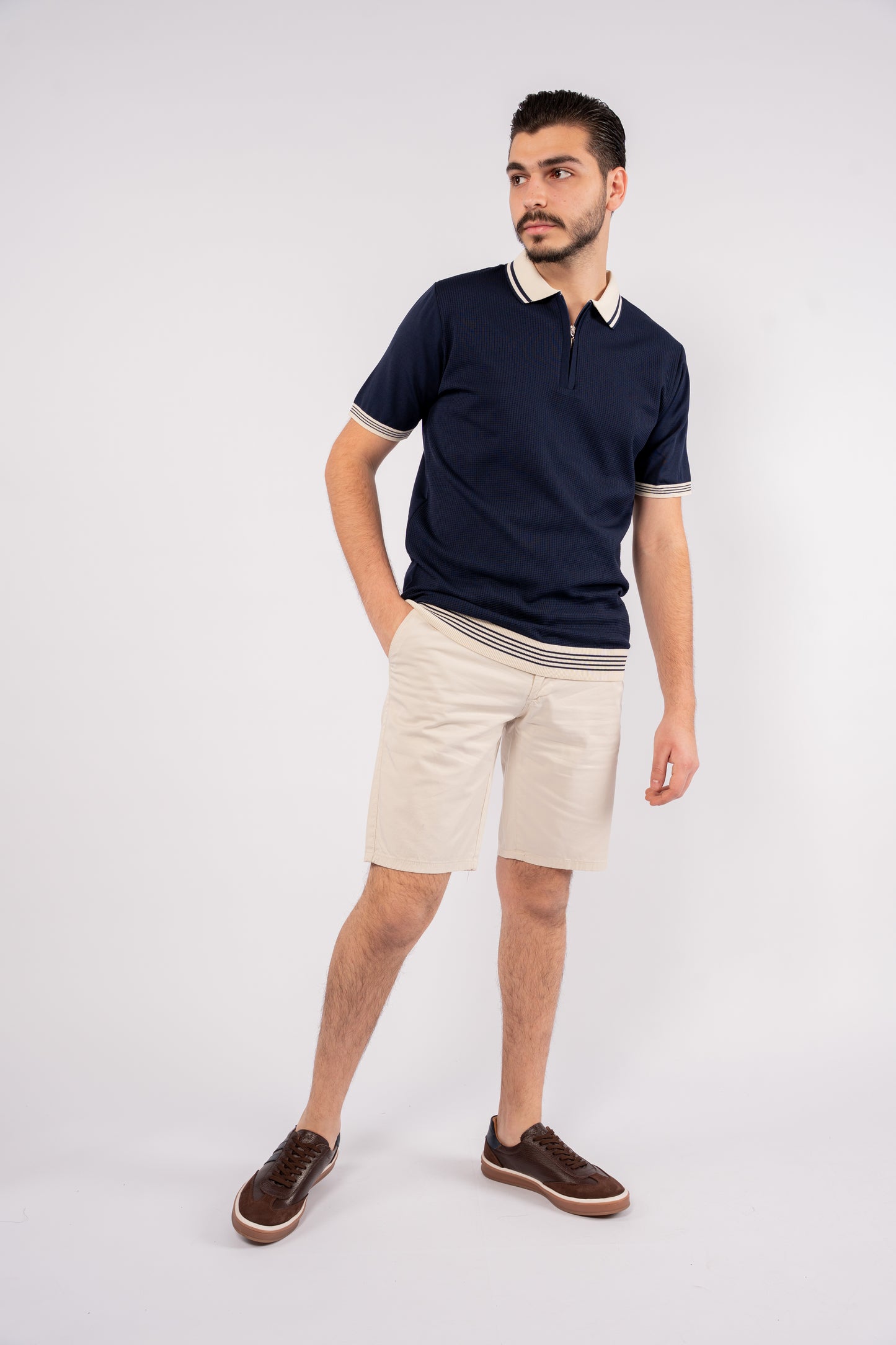 NAVY MIXED ZIPPER TRICOT POLO