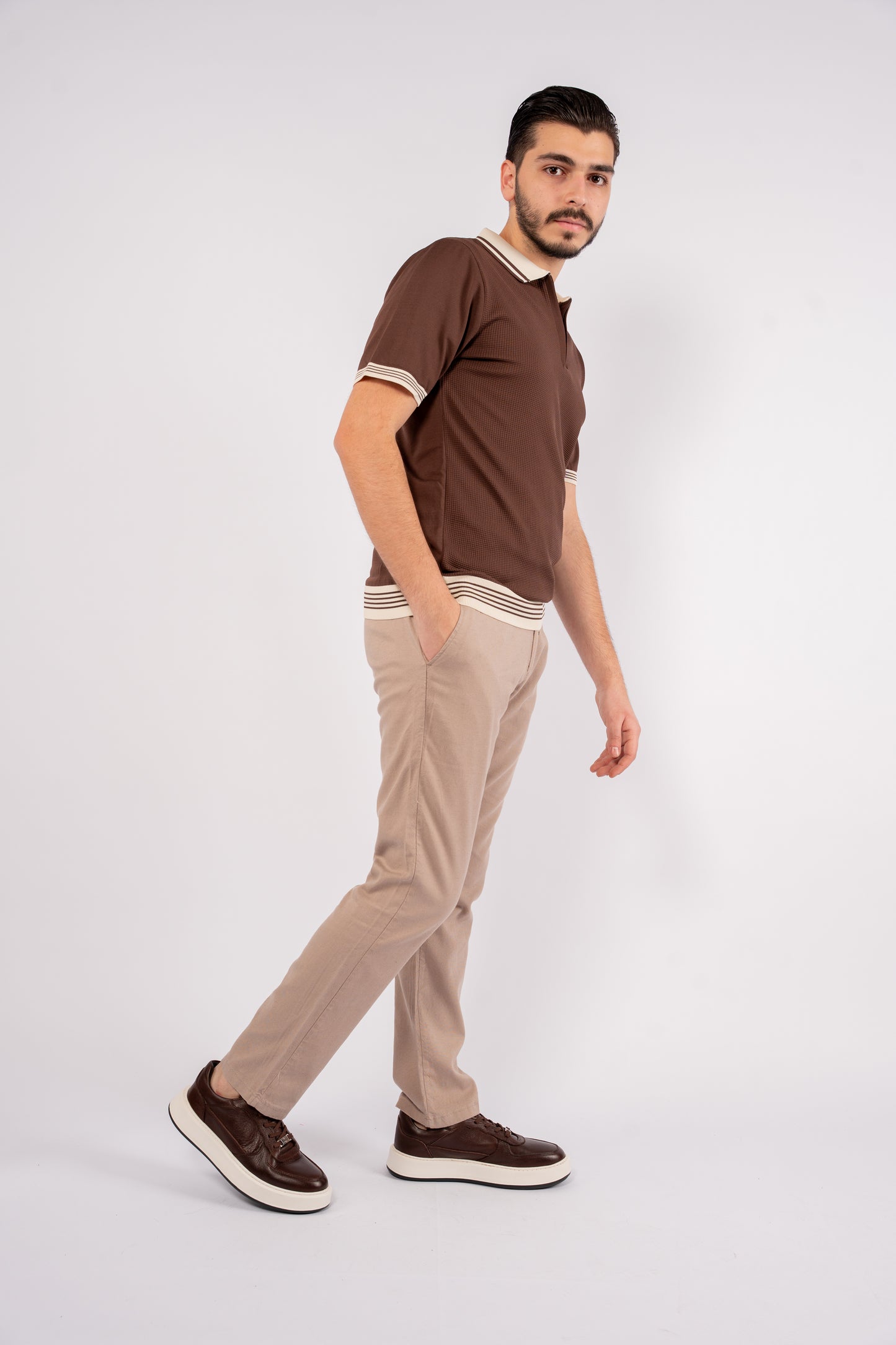 BROWN MIXED ZIPPER TRICOT POLO