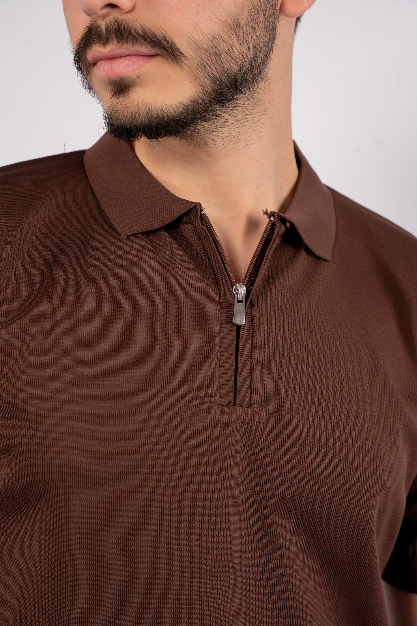 BROWN MERCERIZED ZIPPER POLO