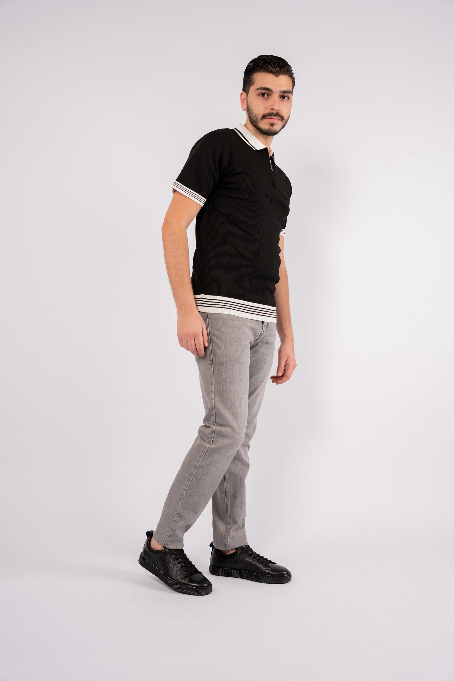 BLACK MIXED ZIPPER TRICOT POLO