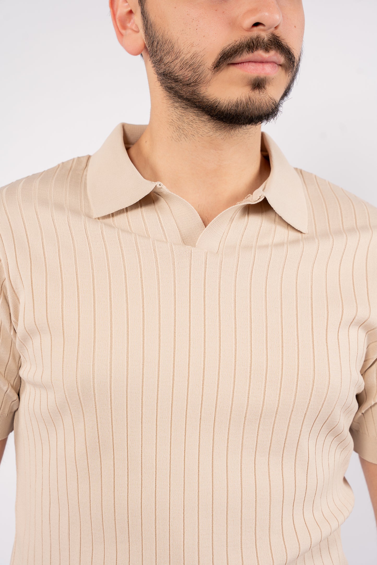 BEIGE VNECK LINED POLO