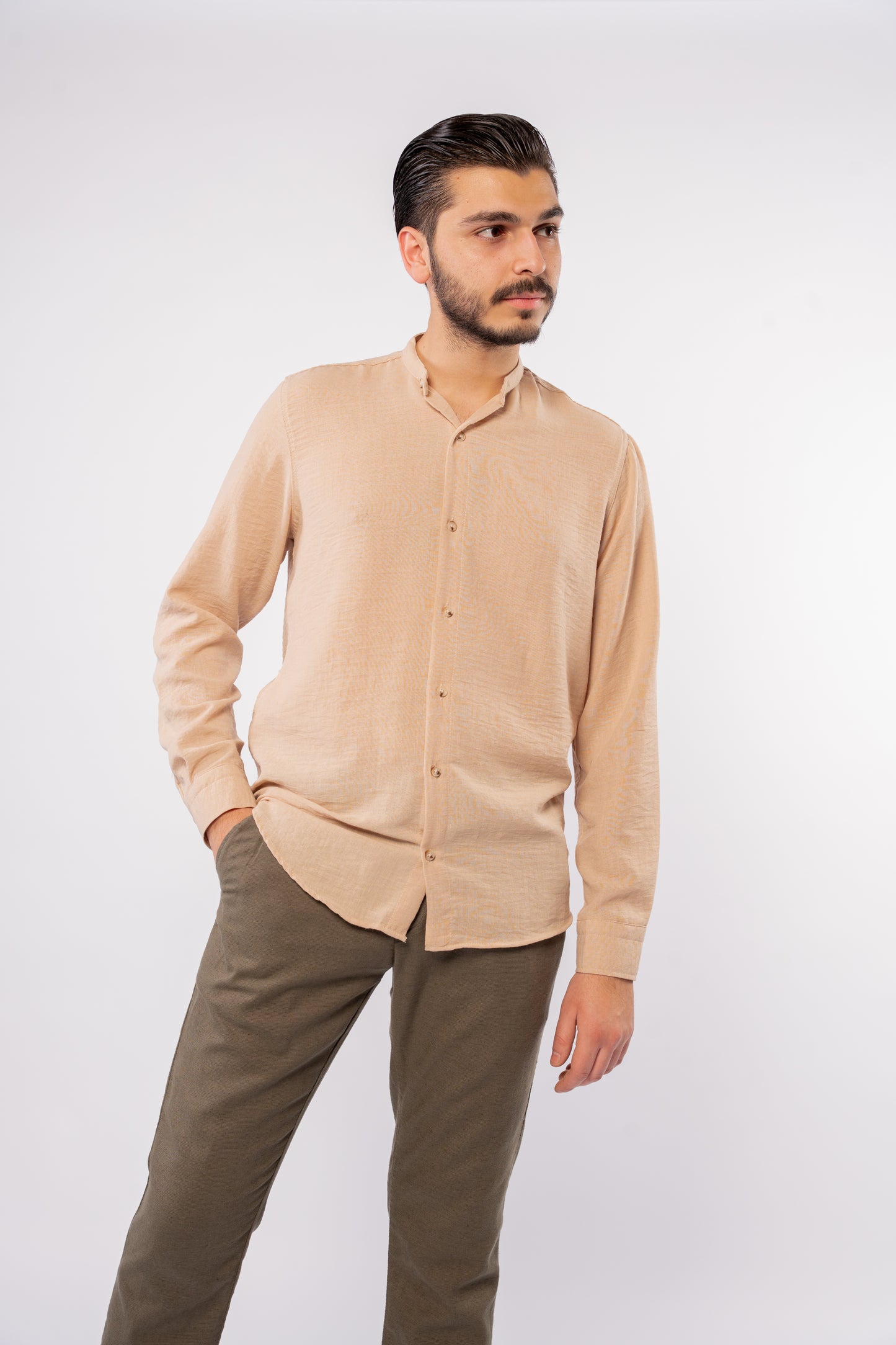 BEIGE DOUBLE GAUZE CHINESE SHIRT