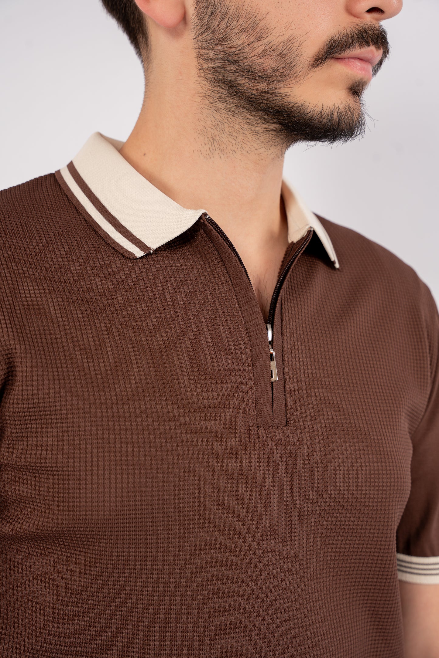 BROWN MIXED ZIPPER TRICOT POLO
