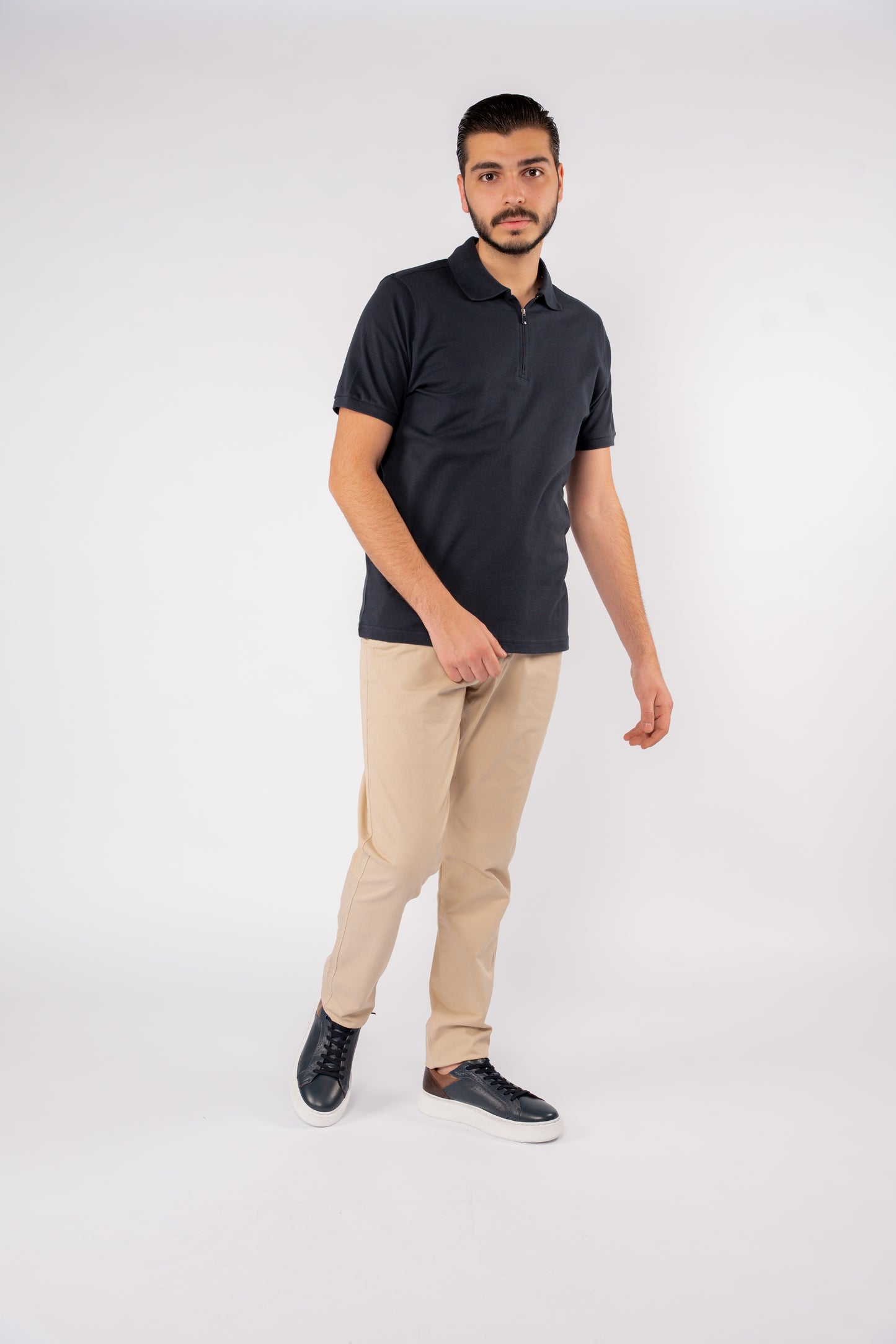 NAVY PIQUET ZIPPER POLO