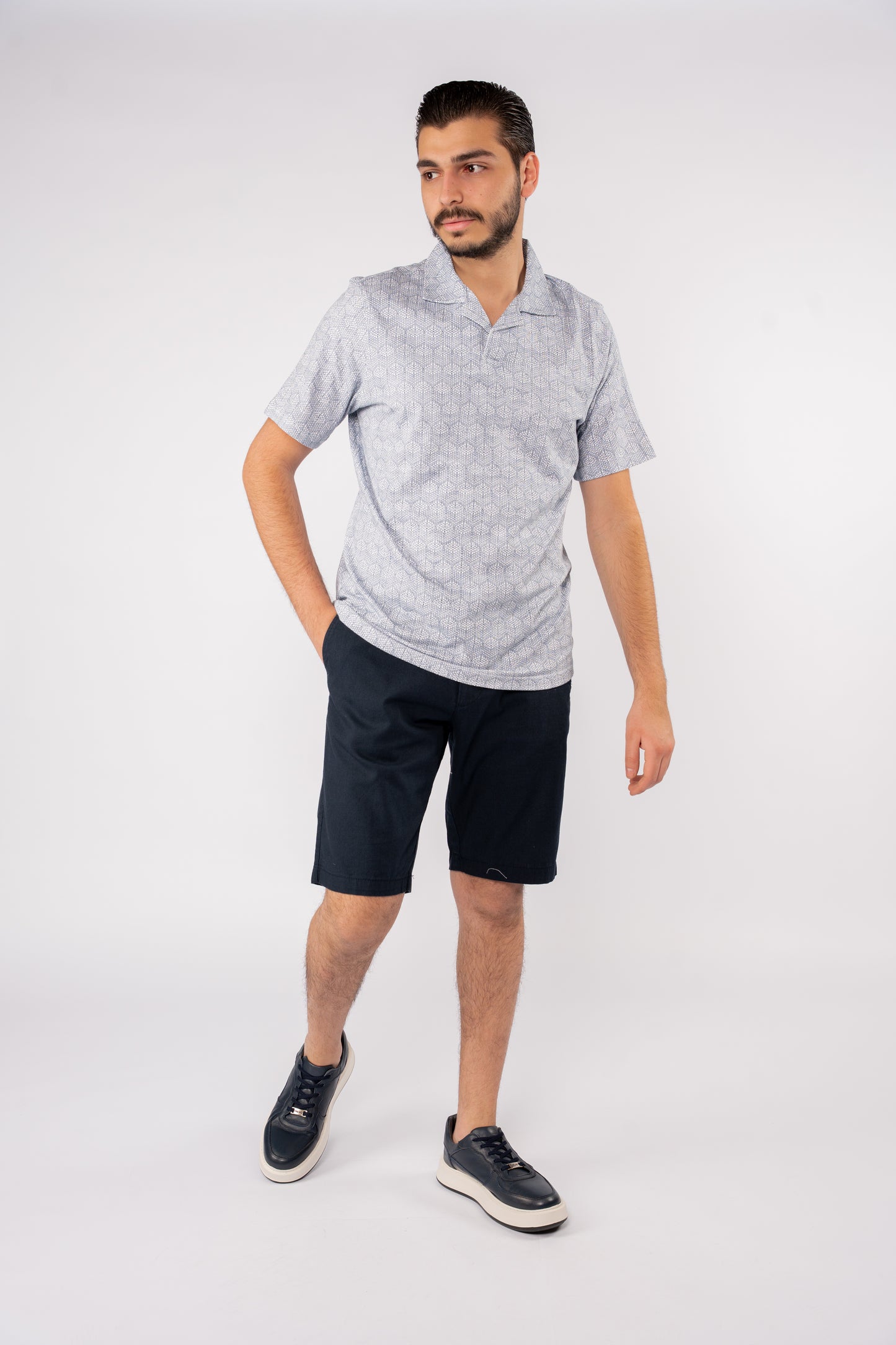 BLUE GEOMETRIC PATTERN POLO TSHIRT