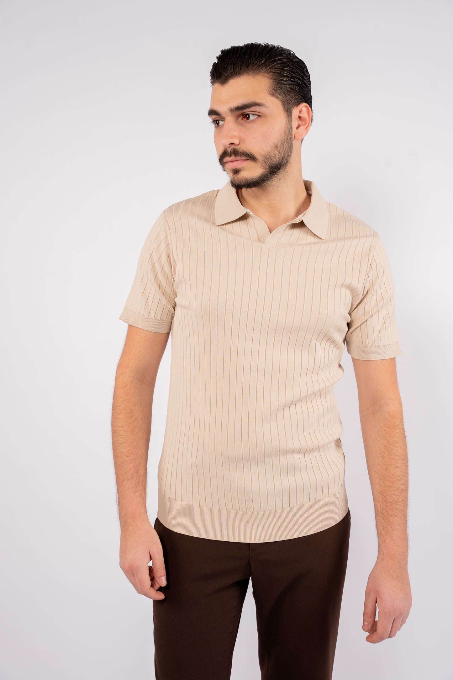 BEIGE VNECK LINED POLO
