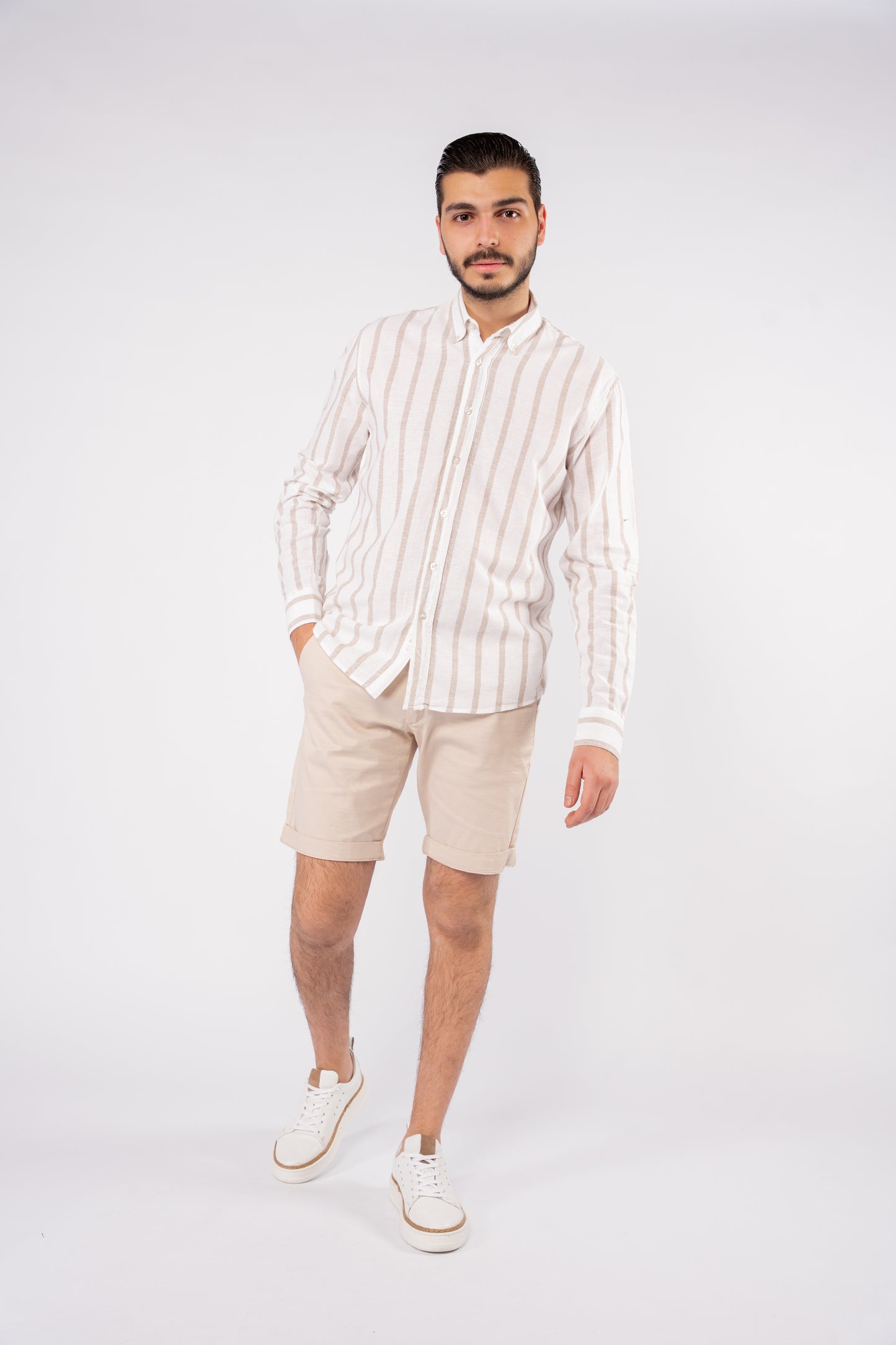 BEIGE LINED LINEN SHIRT
