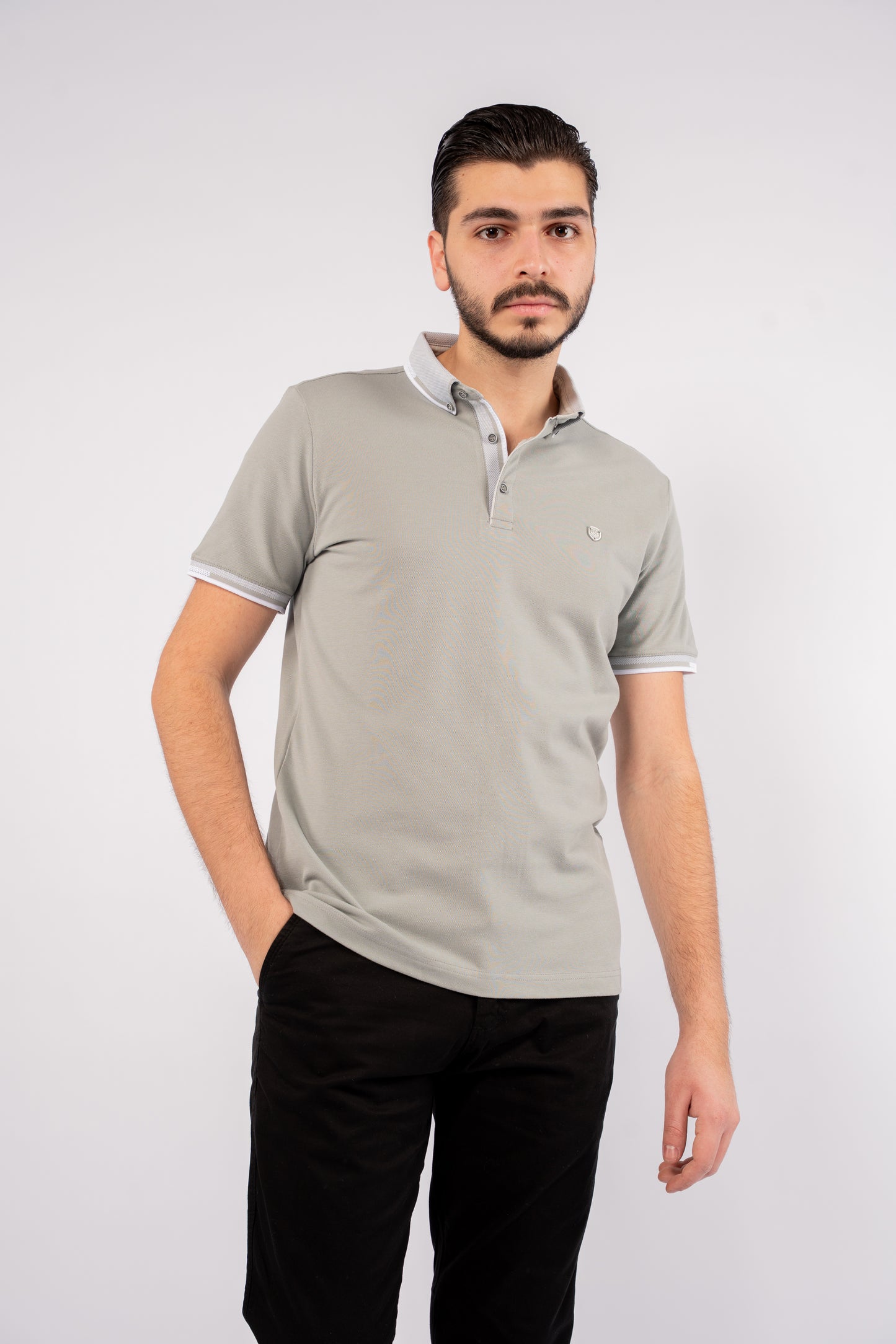 LIGHT GREY BUTTON COLLAR POLO