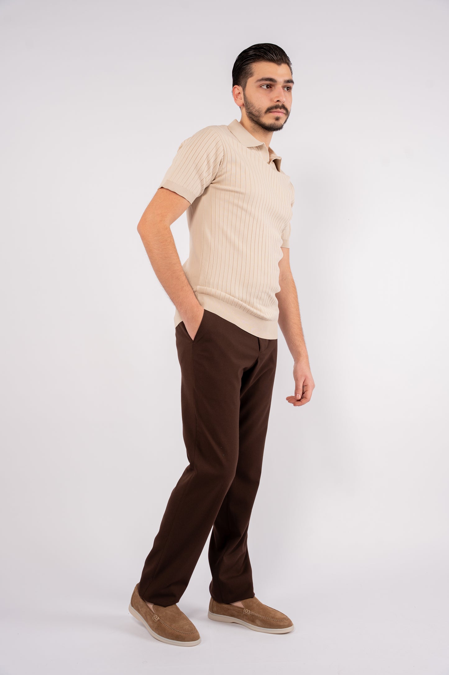 BEIGE VNECK LINED POLO
