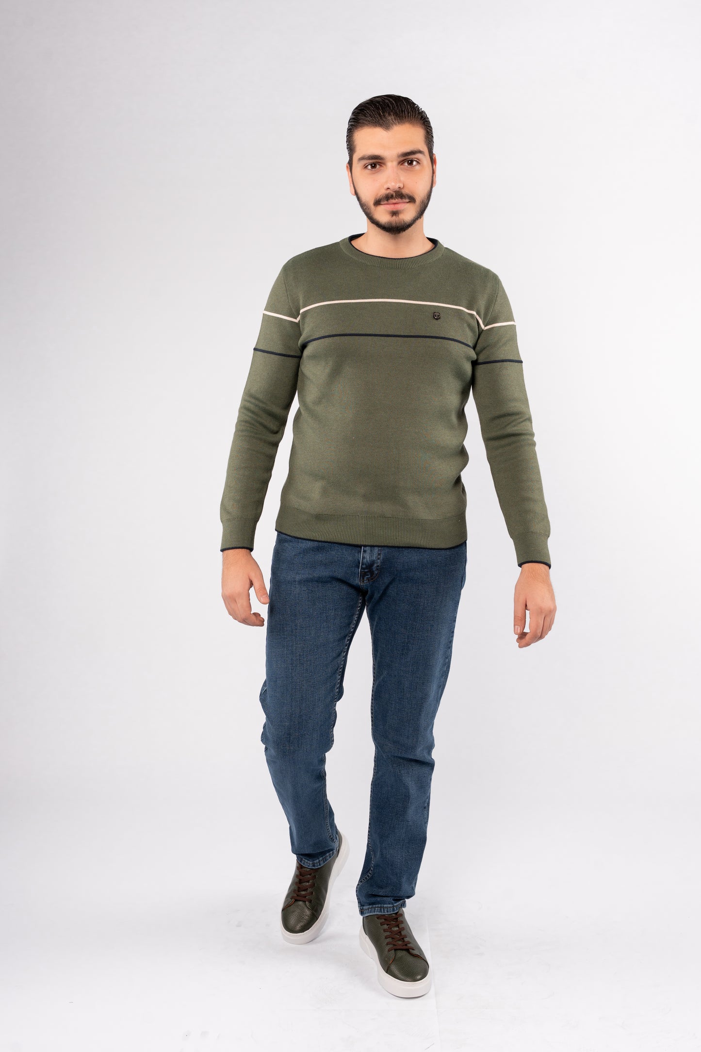 OLIVE-NAVY LINE SWEATER