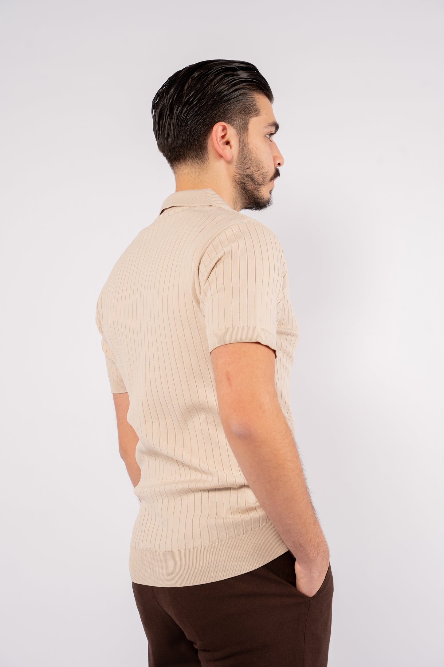 BEIGE VNECK LINED POLO
