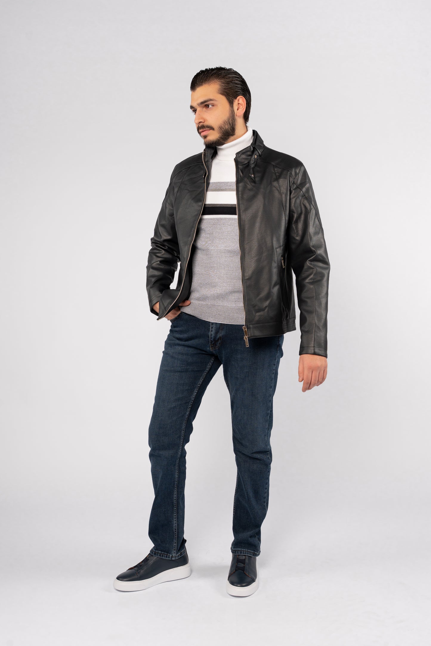 DARK NAVY CASUAL LEATHER JACKET