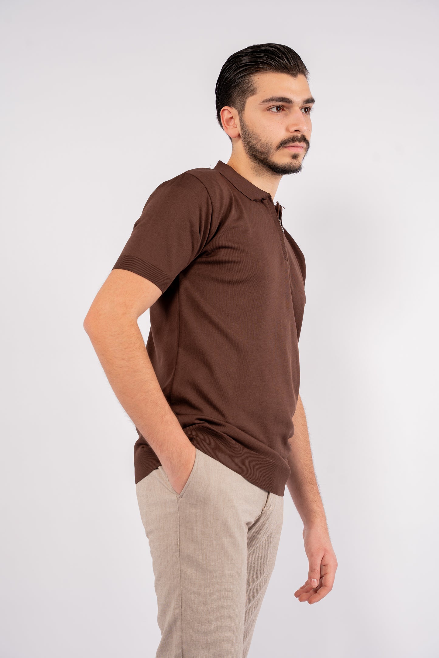 BROWN MERCERIZED ZIPPER POLO