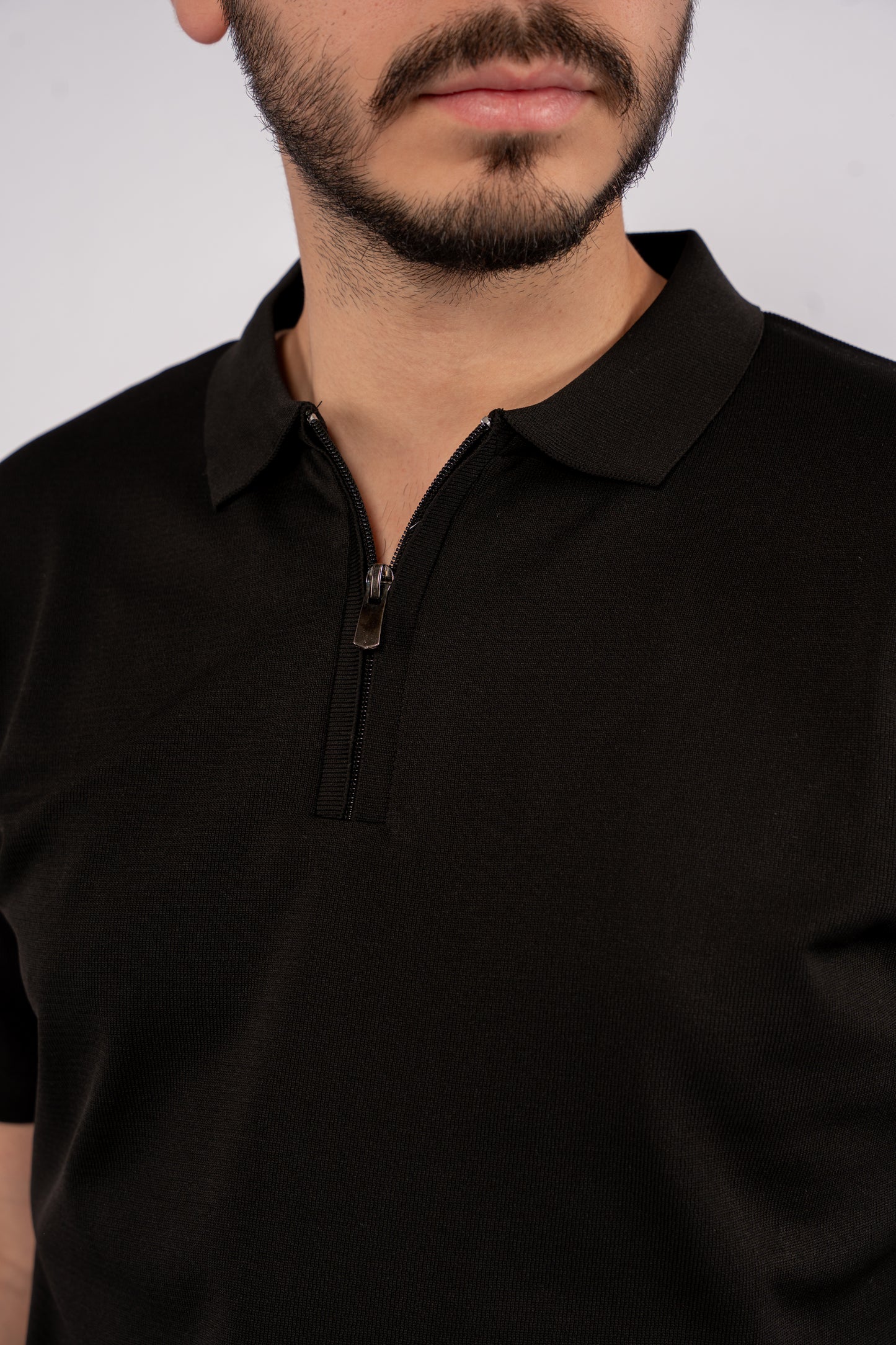 BLACK MERCERIZED ZIPPER POLO