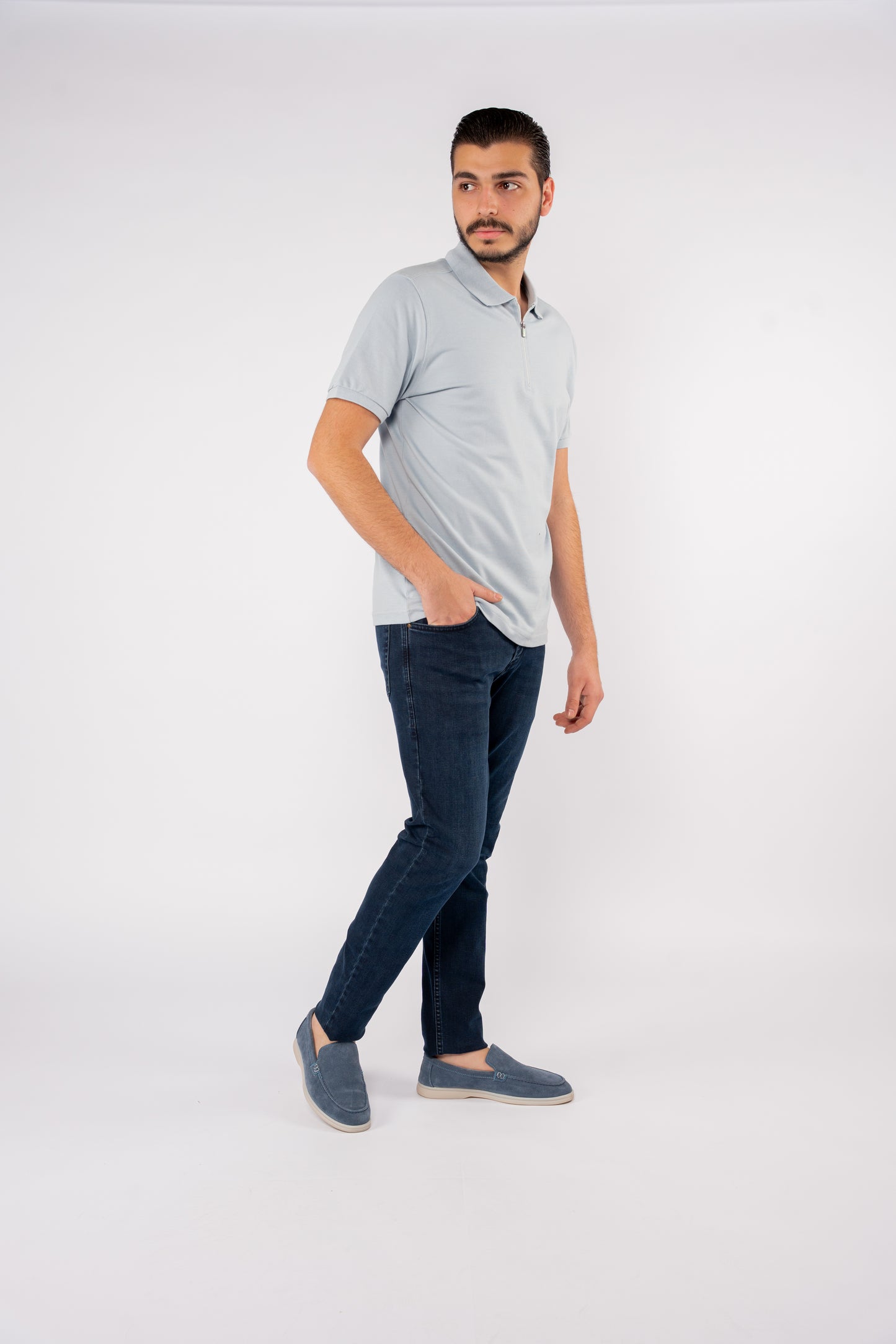 BLUE PIQUET ZIPPER POLO