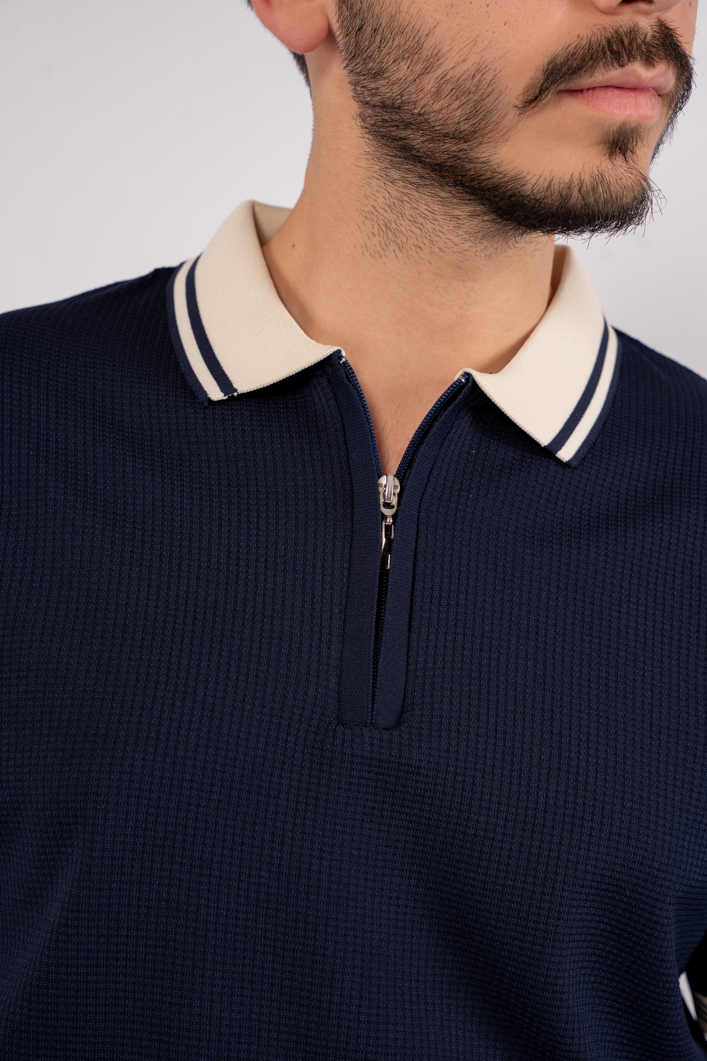NAVY MIXED ZIPPER TRICOT POLO