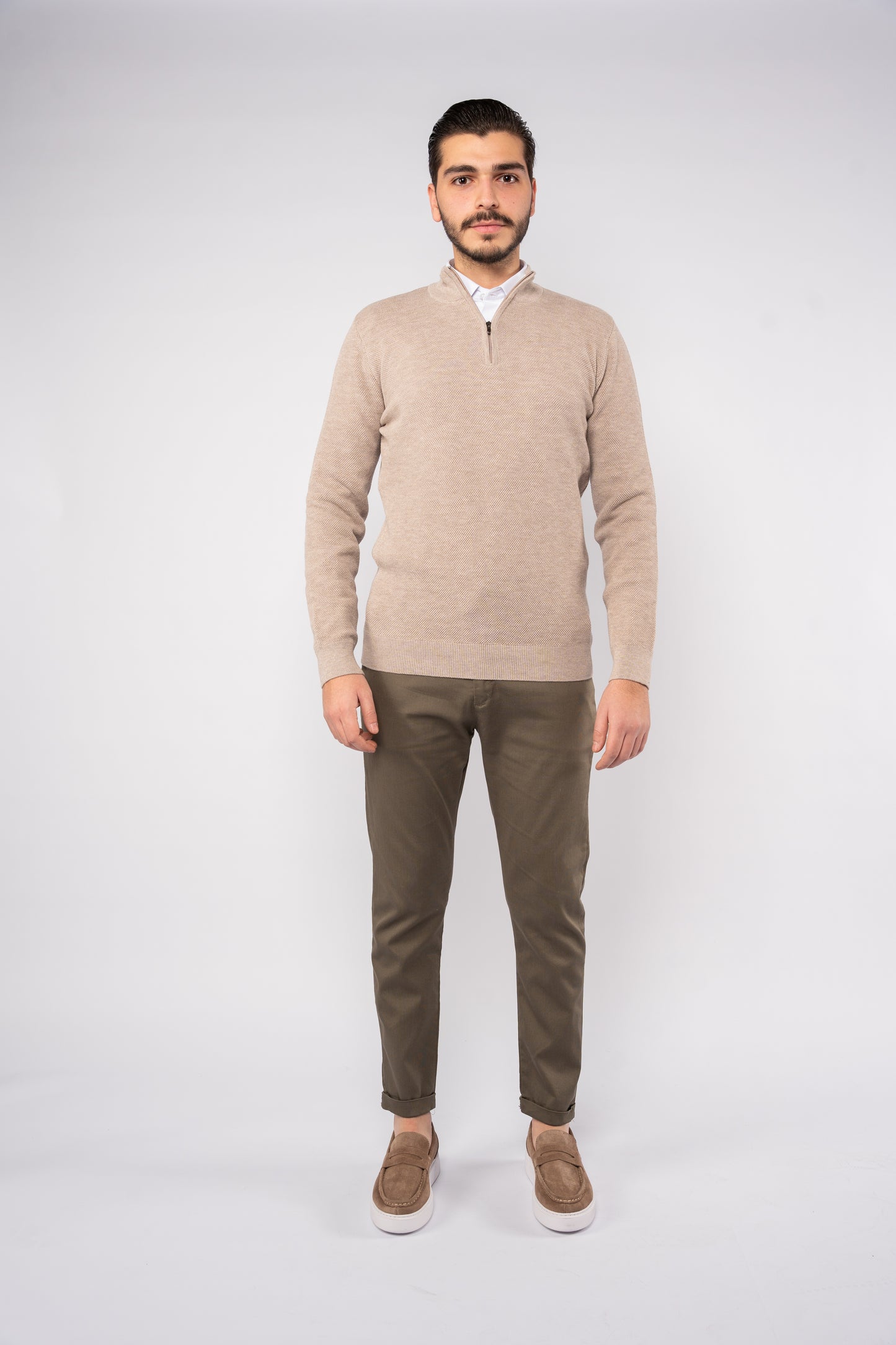 BEIGE PIQUET HIGH NECK ZIPPER