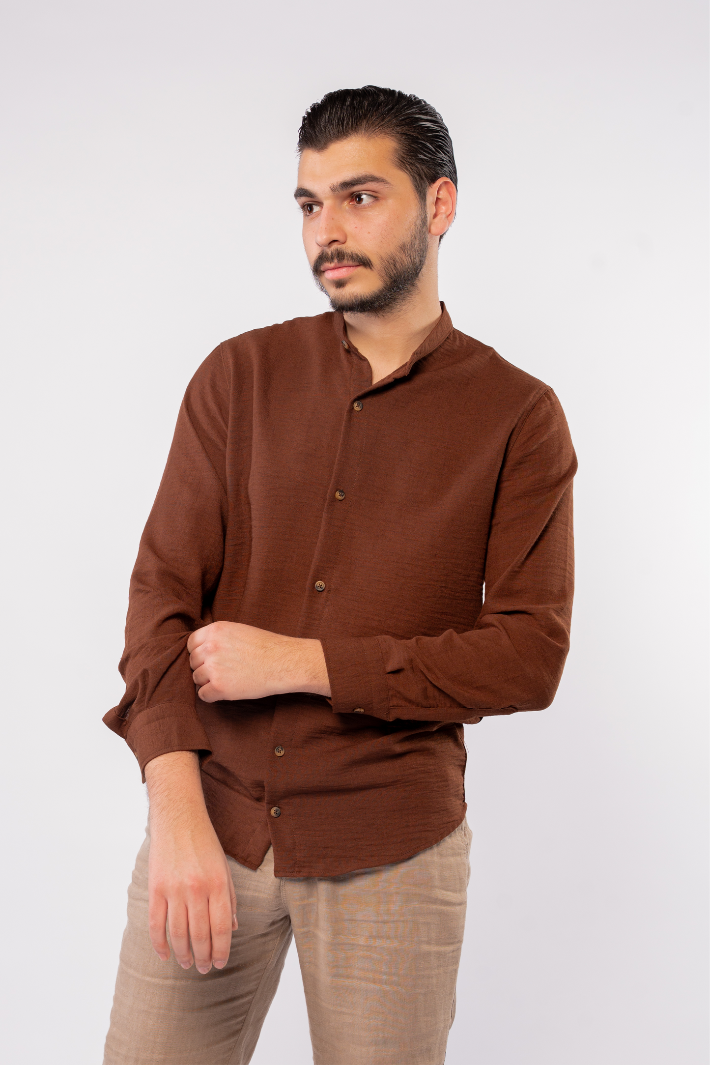 BROWN DOUBLE GAUZE CHINESE SHIRT
