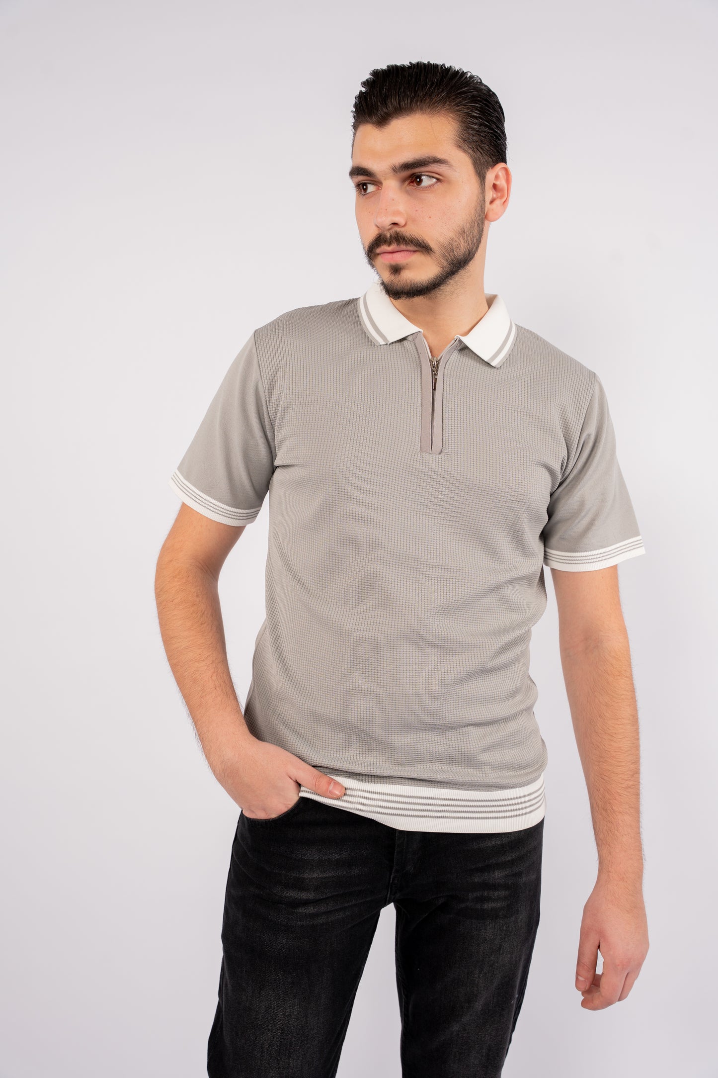 GREY MIXED ZIPPER TRICOT POLO