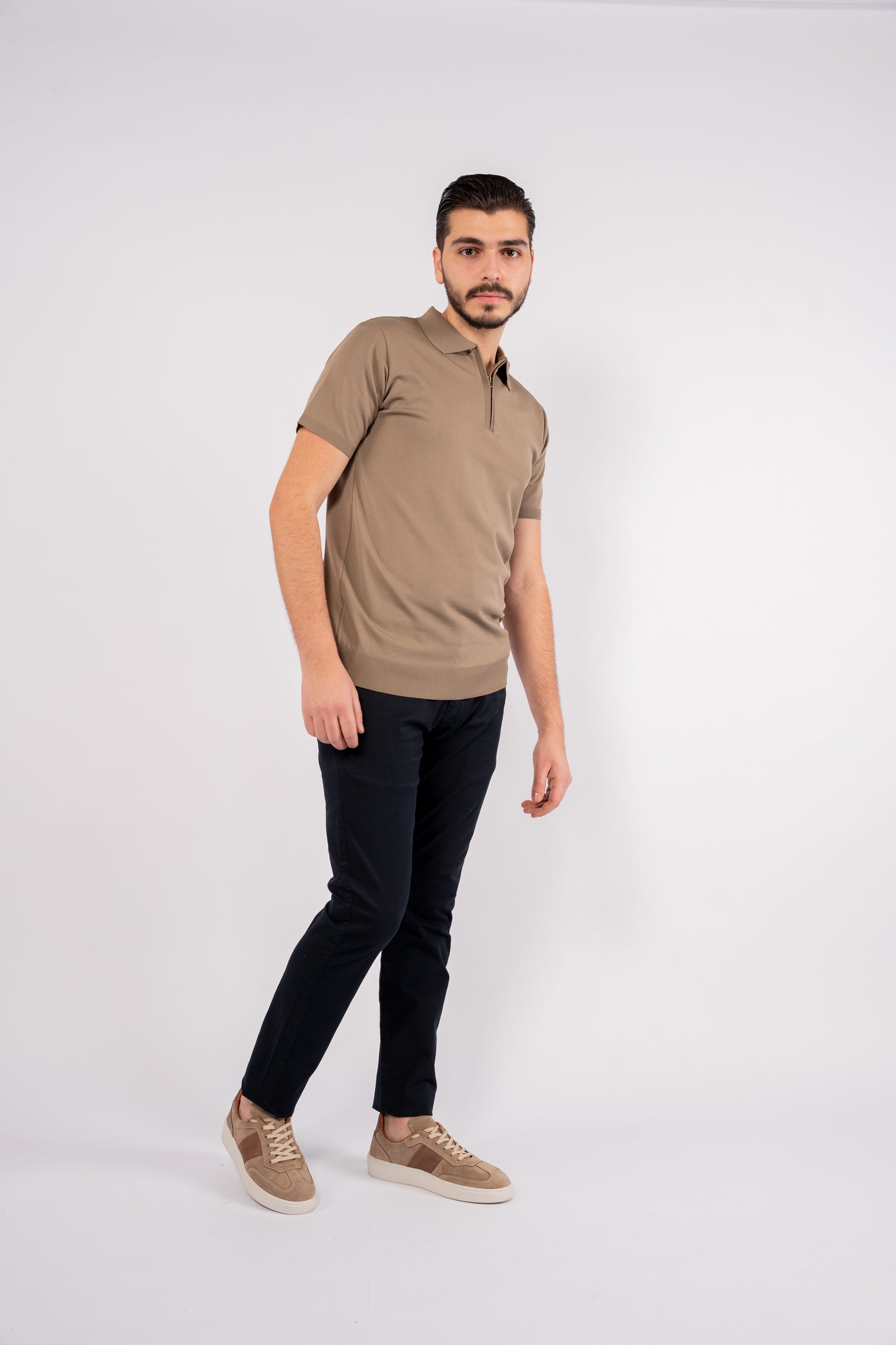 BEIGE MERCERIZED ZIPPER POLO