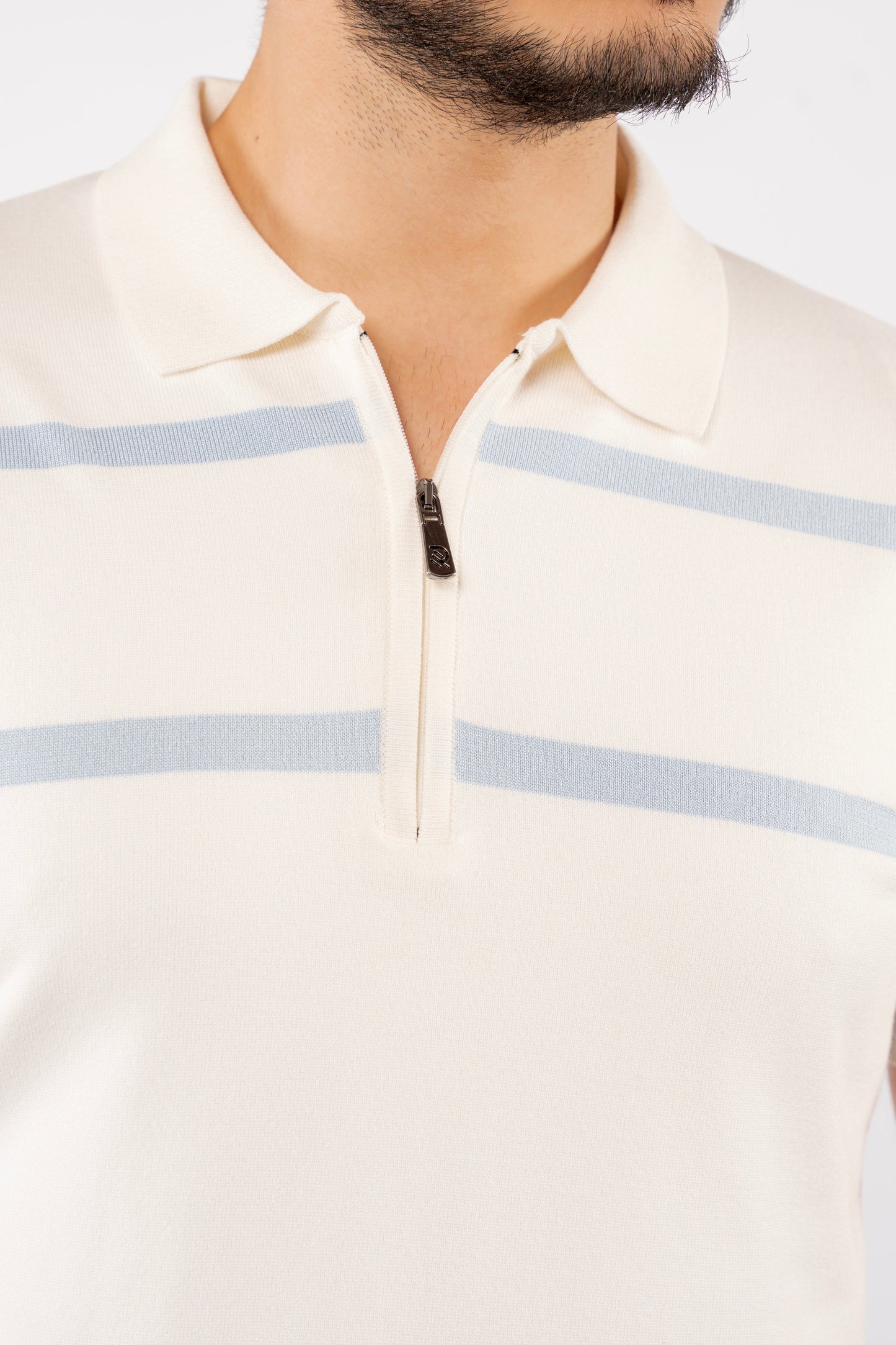 WHITE BLUE LINES ZIPPER POLO