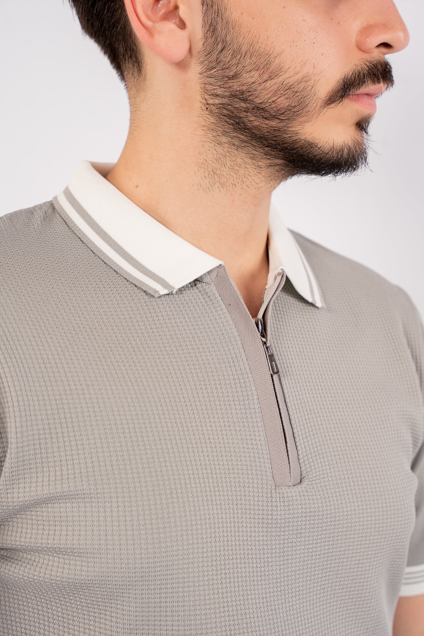 GREY MIXED ZIPPER TRICOT POLO