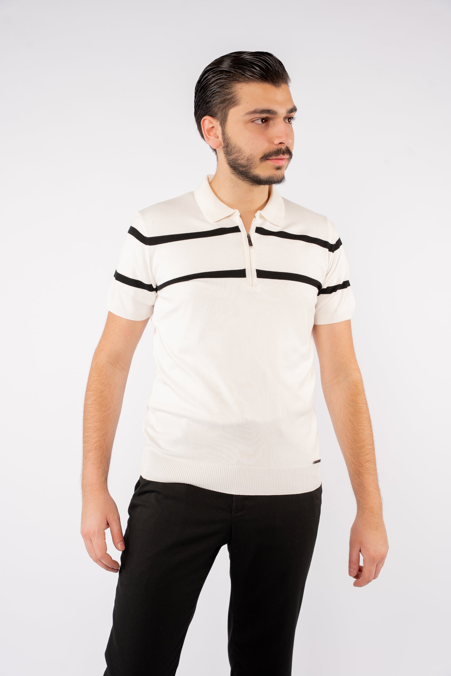 WHITE BLACK LINES ZIPPER POLO