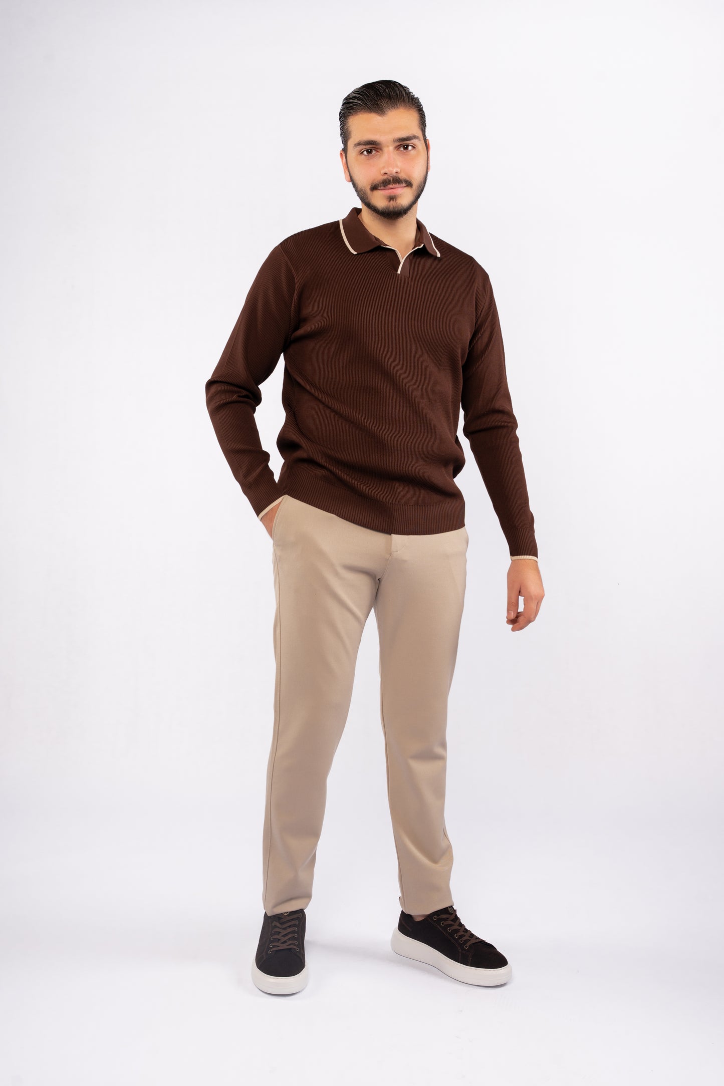 BROWN LINED POLO SWEATER