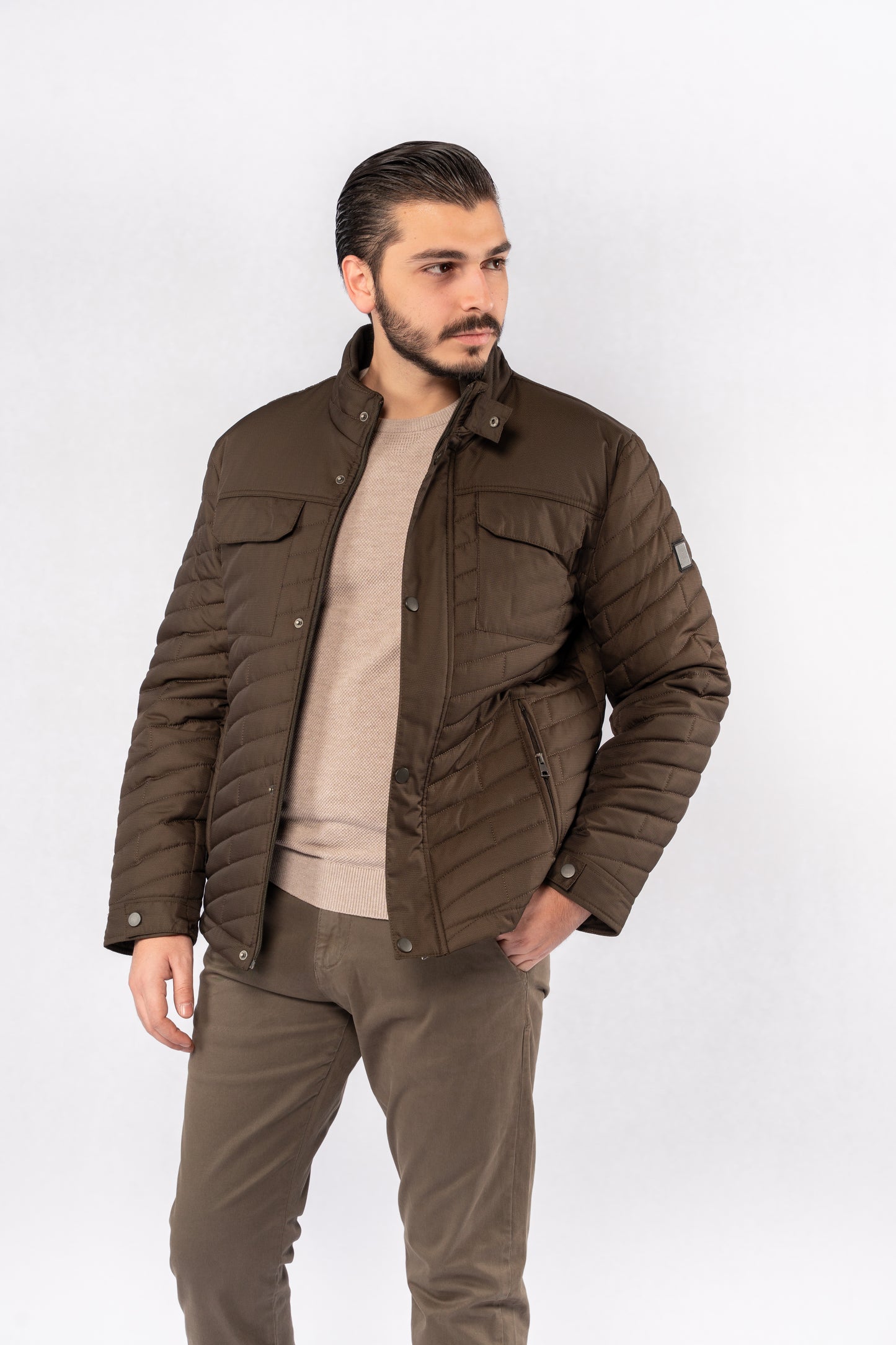 BEIGE ROUND NECK PIQUET SWEATER