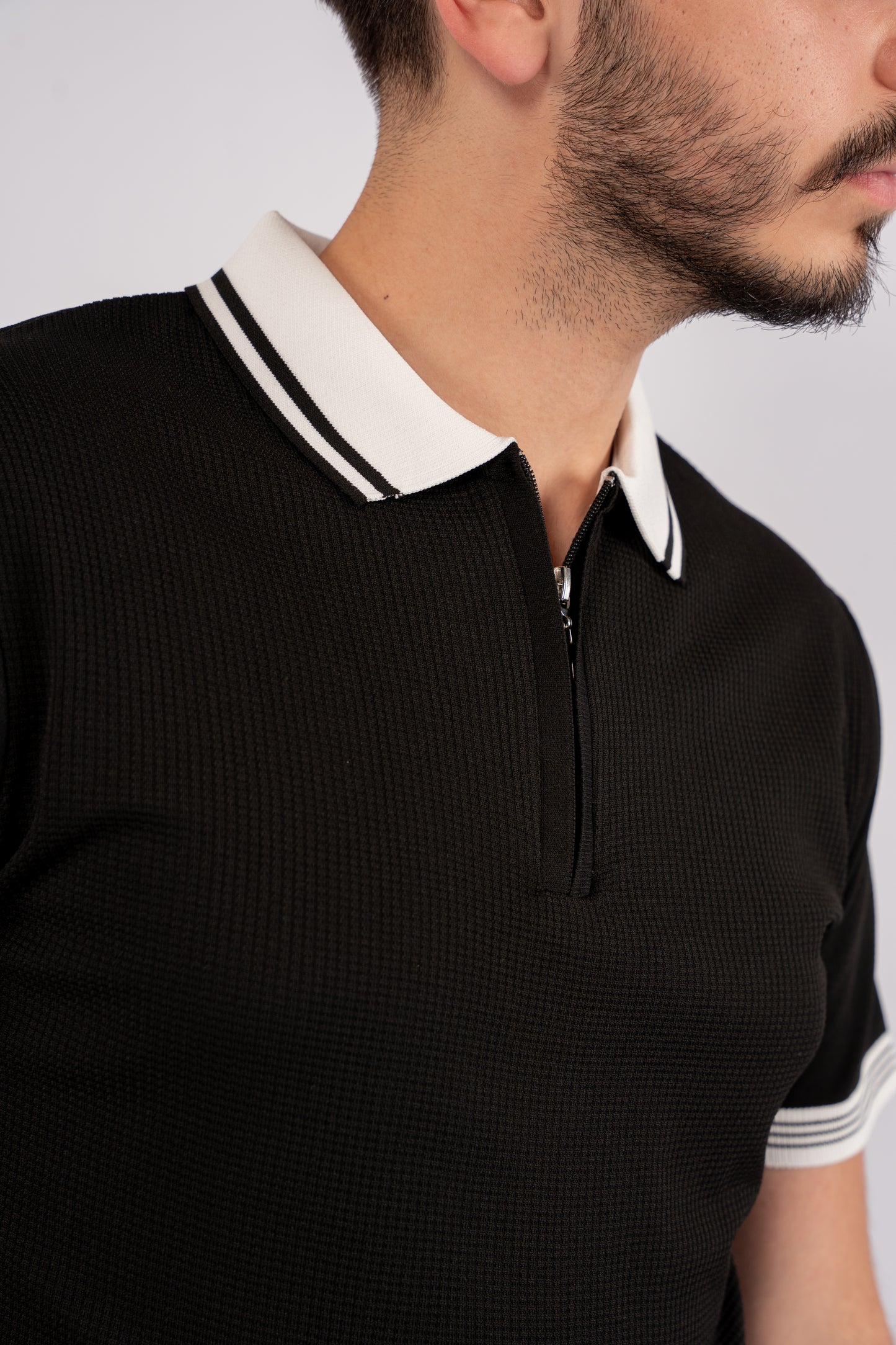 BLACK MIXED ZIPPER TRICOT POLO