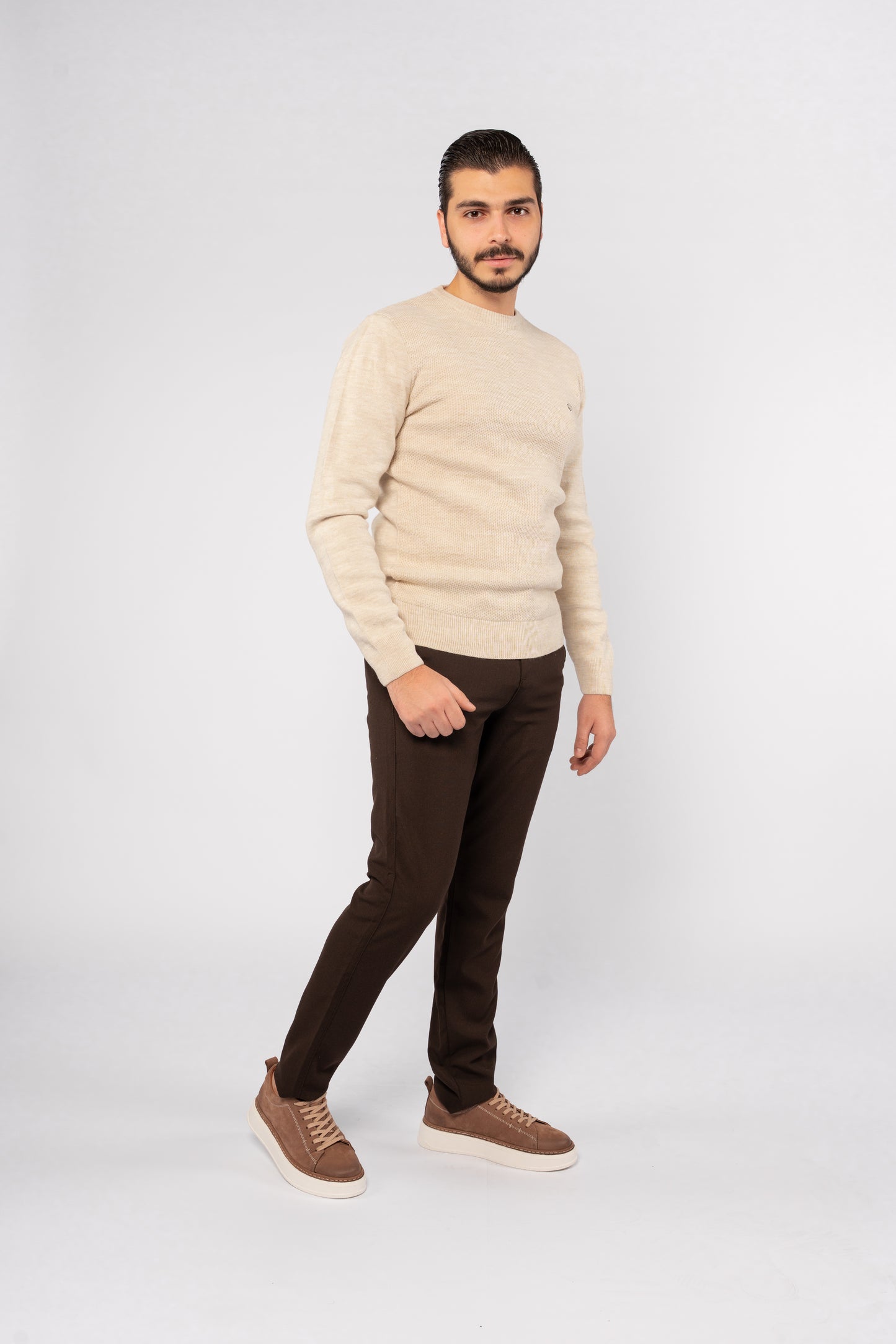 BEIGE ROUND NECK PIQUET SWEATER